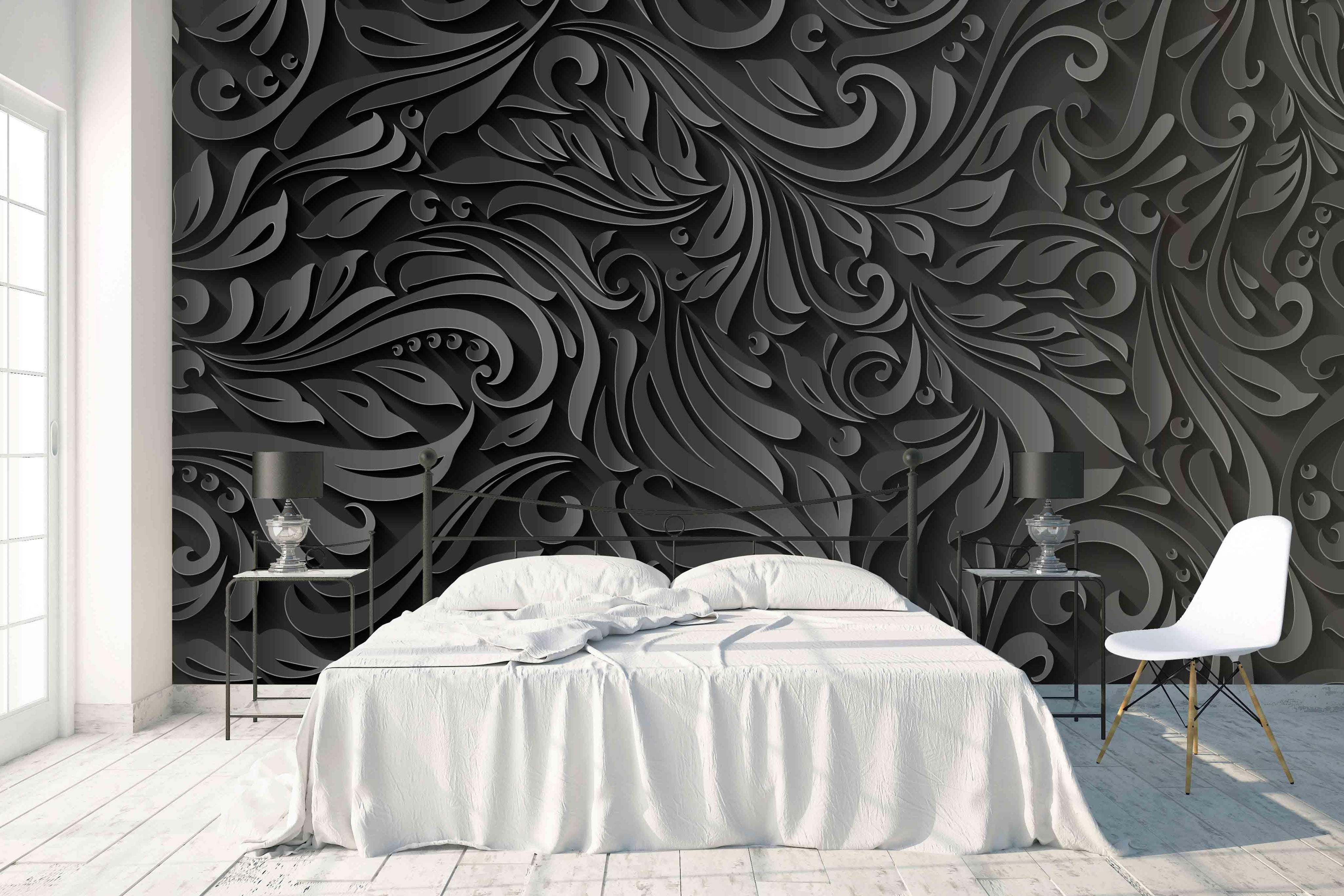 3D Black Abstract Embossed Floral Wall Mural Wallpaper 26- Jess Art Decoration