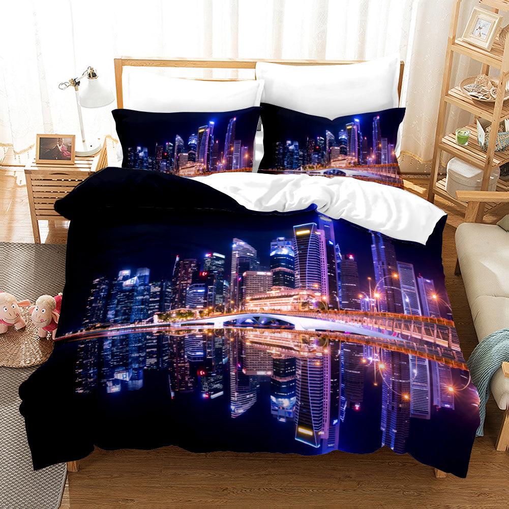 3D Black Blue Purple City Building Skyscraper Night Quilt Cover Set Bedding Set Pillowcases 25- Jess Art Decoration