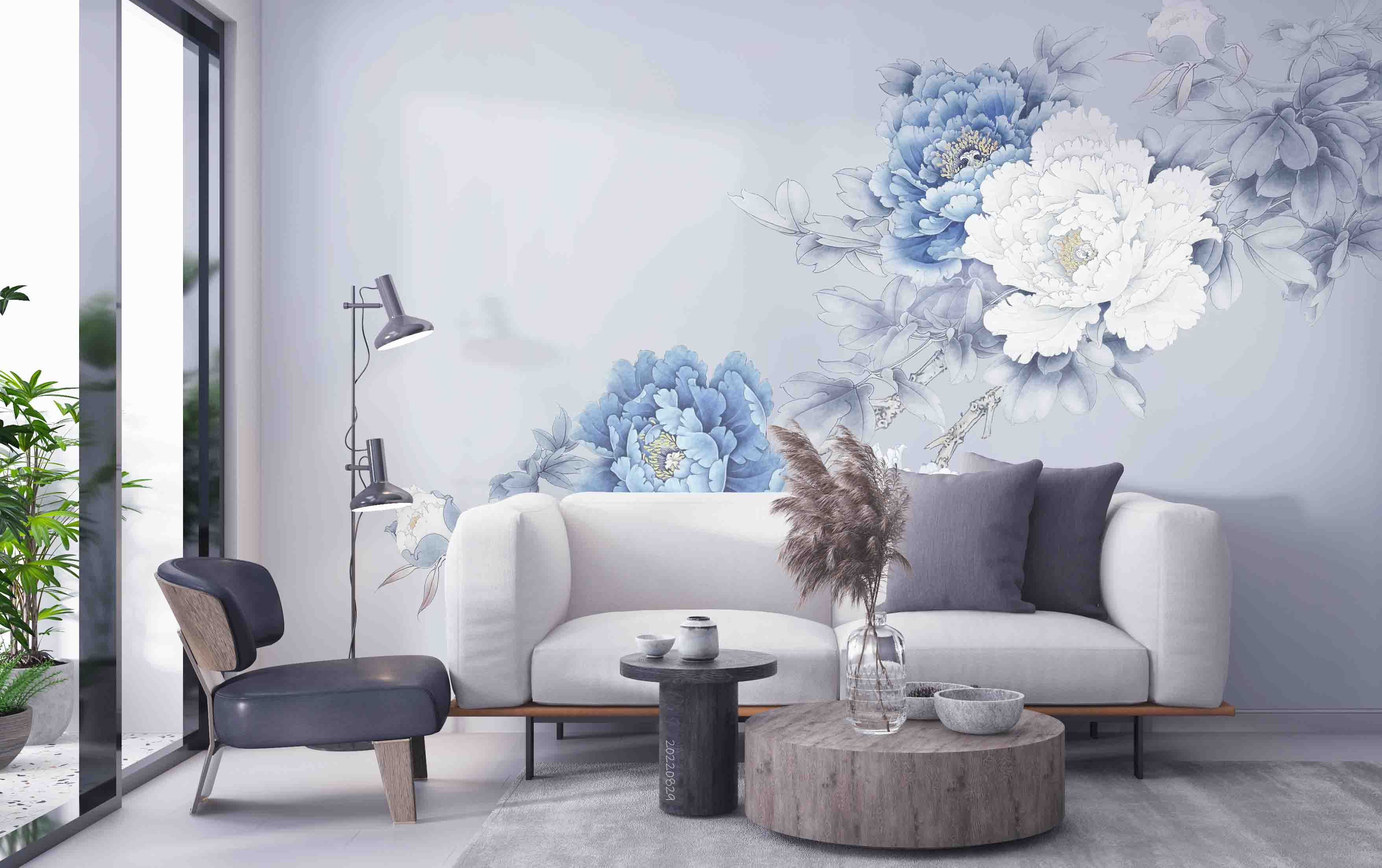 3D Vintage Peony Floral White Blue Wall Mural Wallpaper GD 2689- Jess Art Decoration