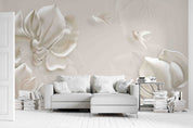 3D Embossed Floral Bird White Background Wall Mural Wallpaper GD 2711- Jess Art Decoration
