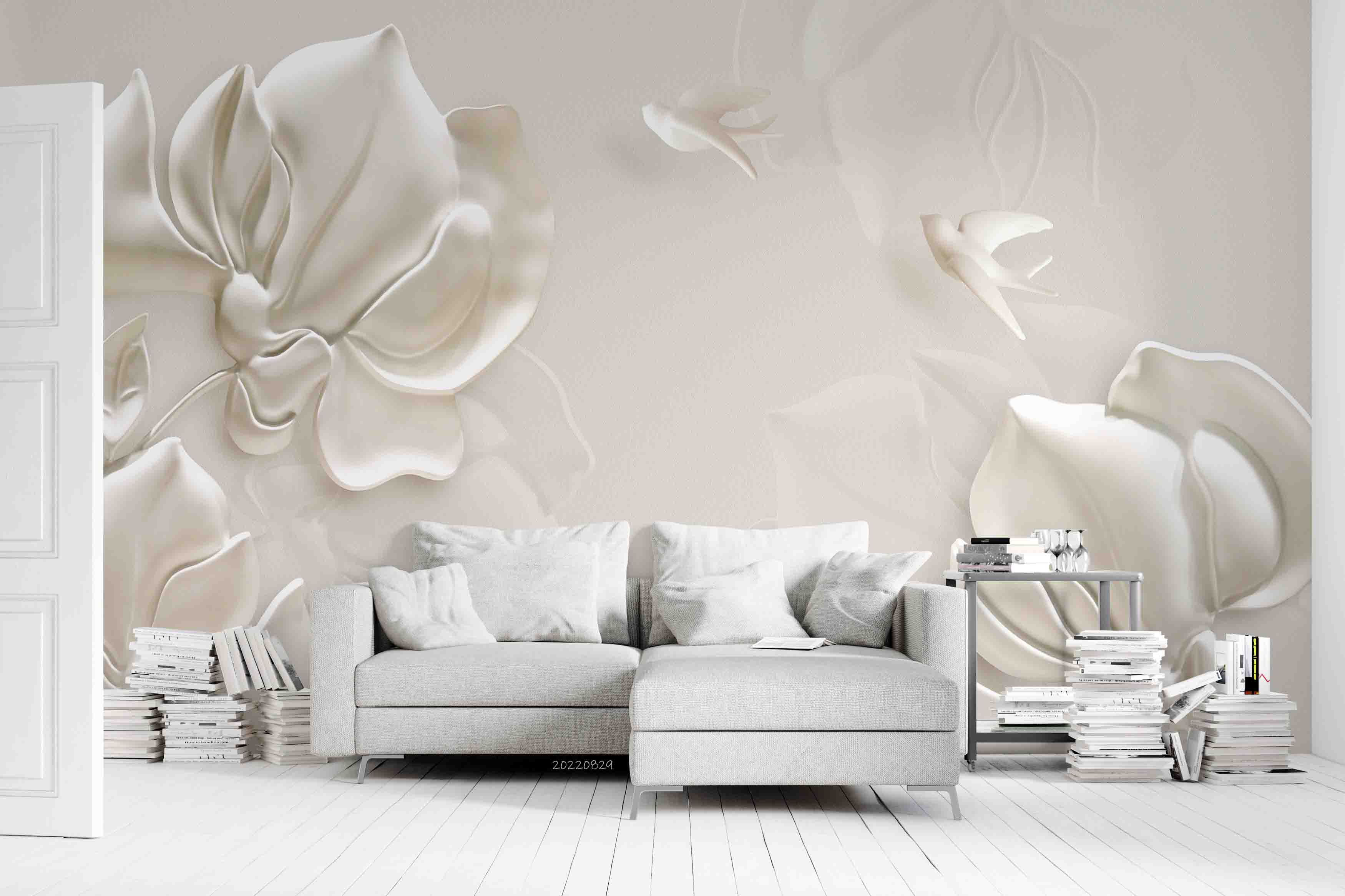 3D Embossed Floral Bird White Background Wall Mural Wallpaper GD 2711- Jess Art Decoration