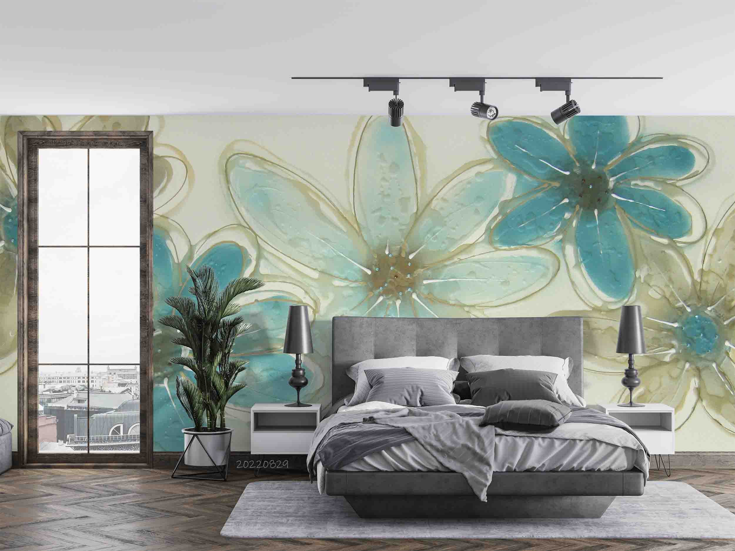 3D Teal Floral Watercolor Wall Mural Wallpaper GD 2667- Jess Art Decoration