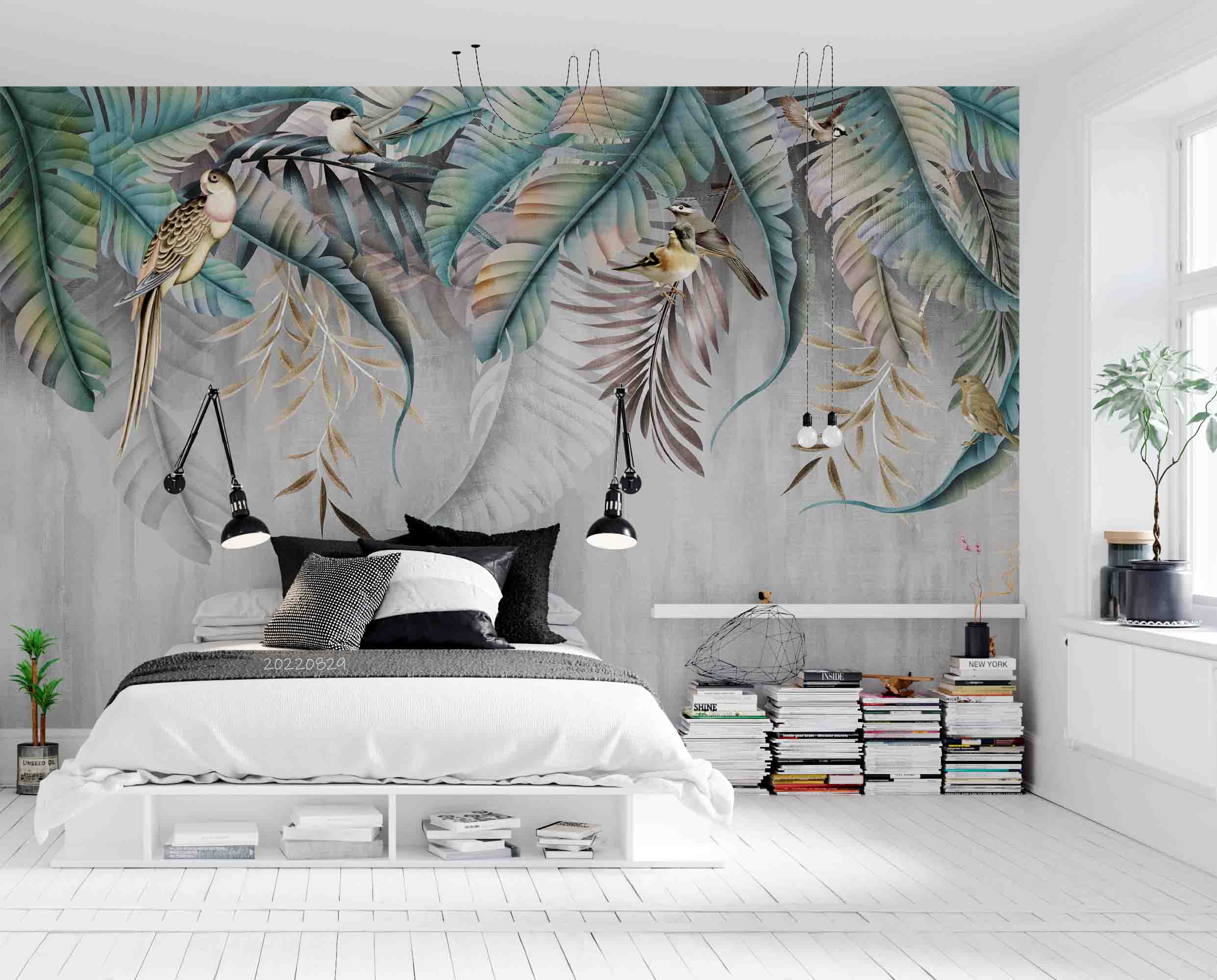 3D Vintage Tropical Plant Leaf Bird Wall Mural Wallpaper GD 2680- Jess Art Decoration