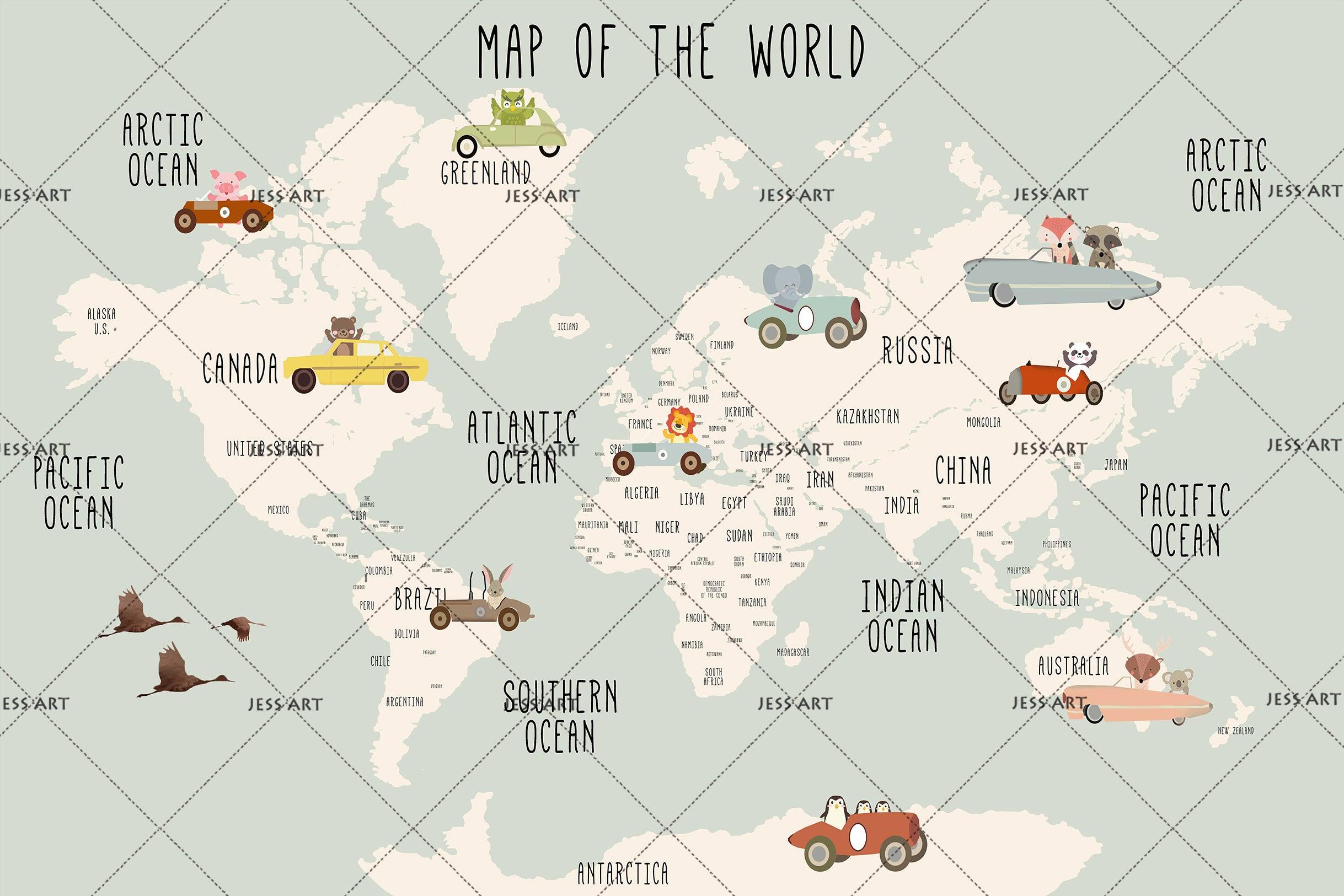 3D Cartoon Grey Car World Map Wall Mural Wallpaper LQH 98- Jess Art Decoration