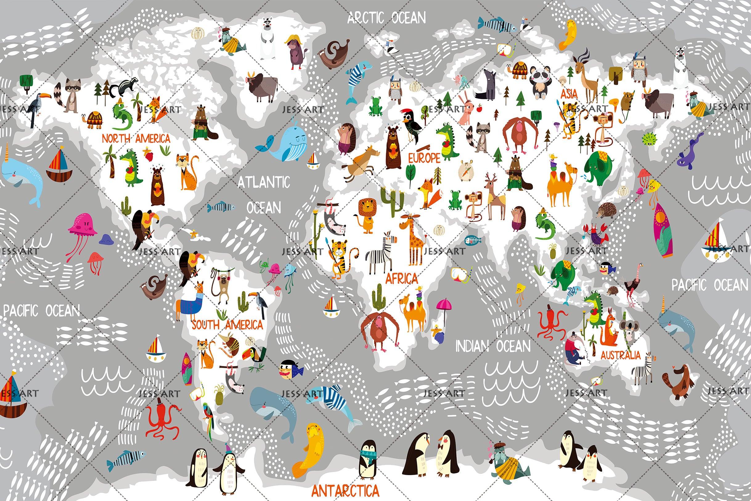3D Grey Animal World Map Wall Mural Wallpaper LQH 40- Jess Art Decoration