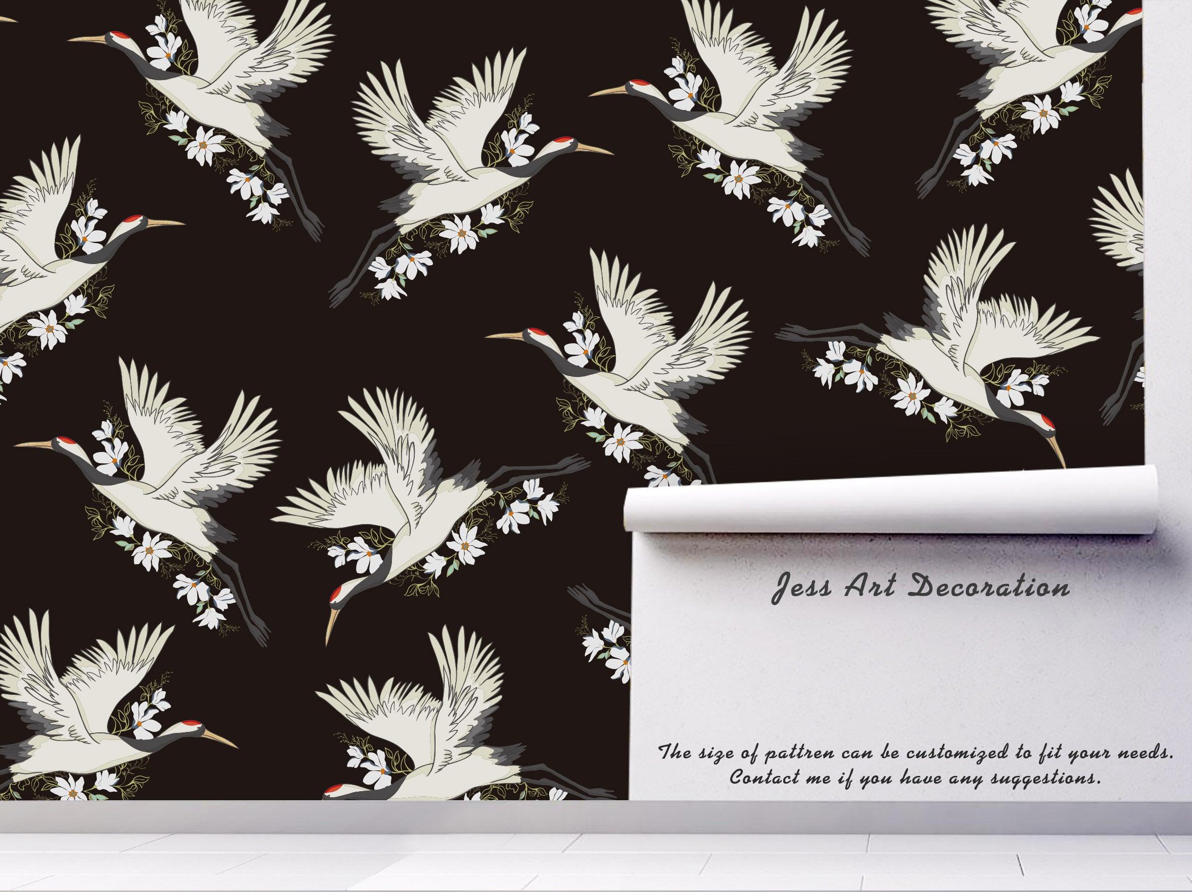 3D White Floral Bird Black Background Wall Mural Wallpaper 04- Jess Art Decoration
