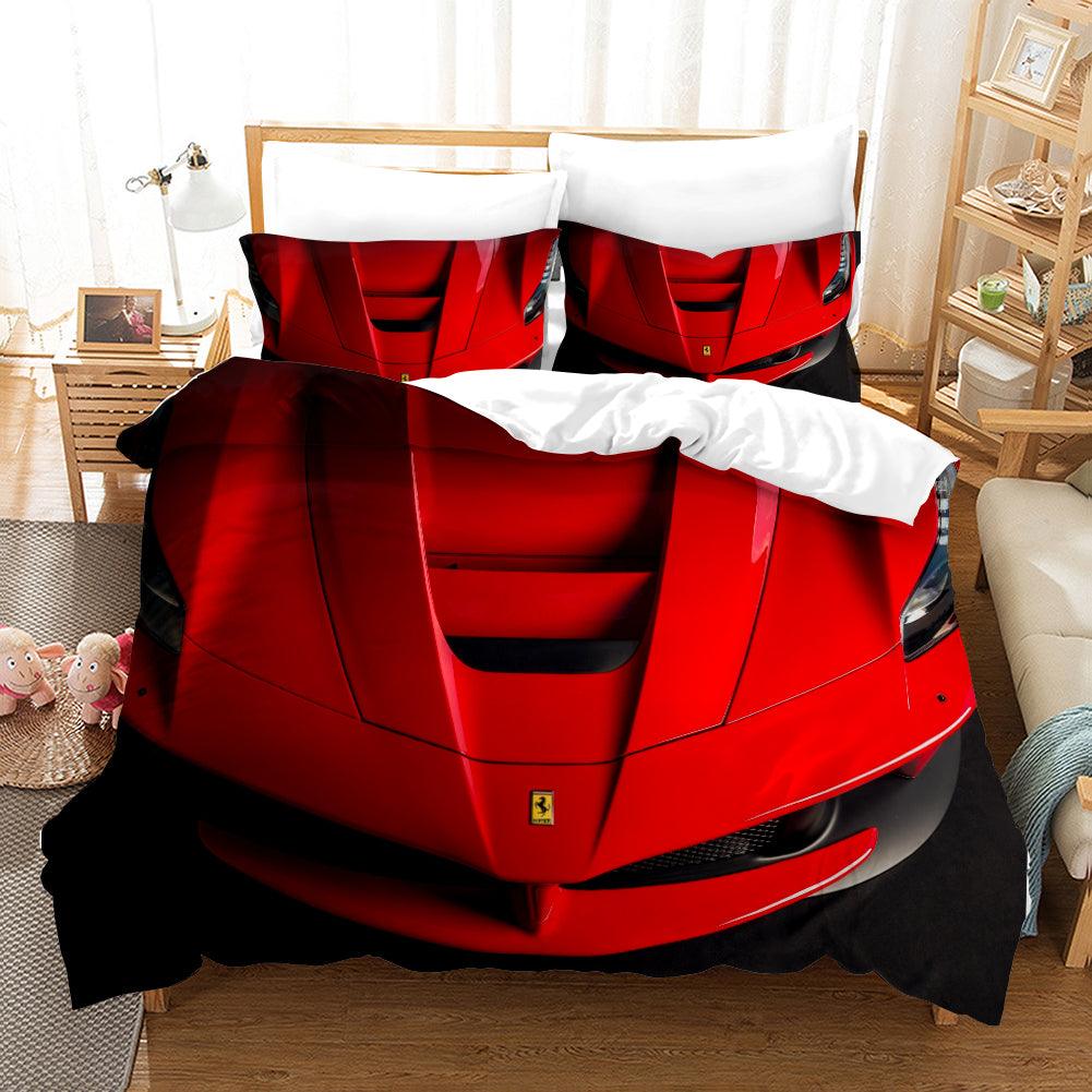3D Red Sports Car Ferrari Quilt Cover Set Bedding Set Duvet Cover Pillowcases SF07- Jess Art Decoration