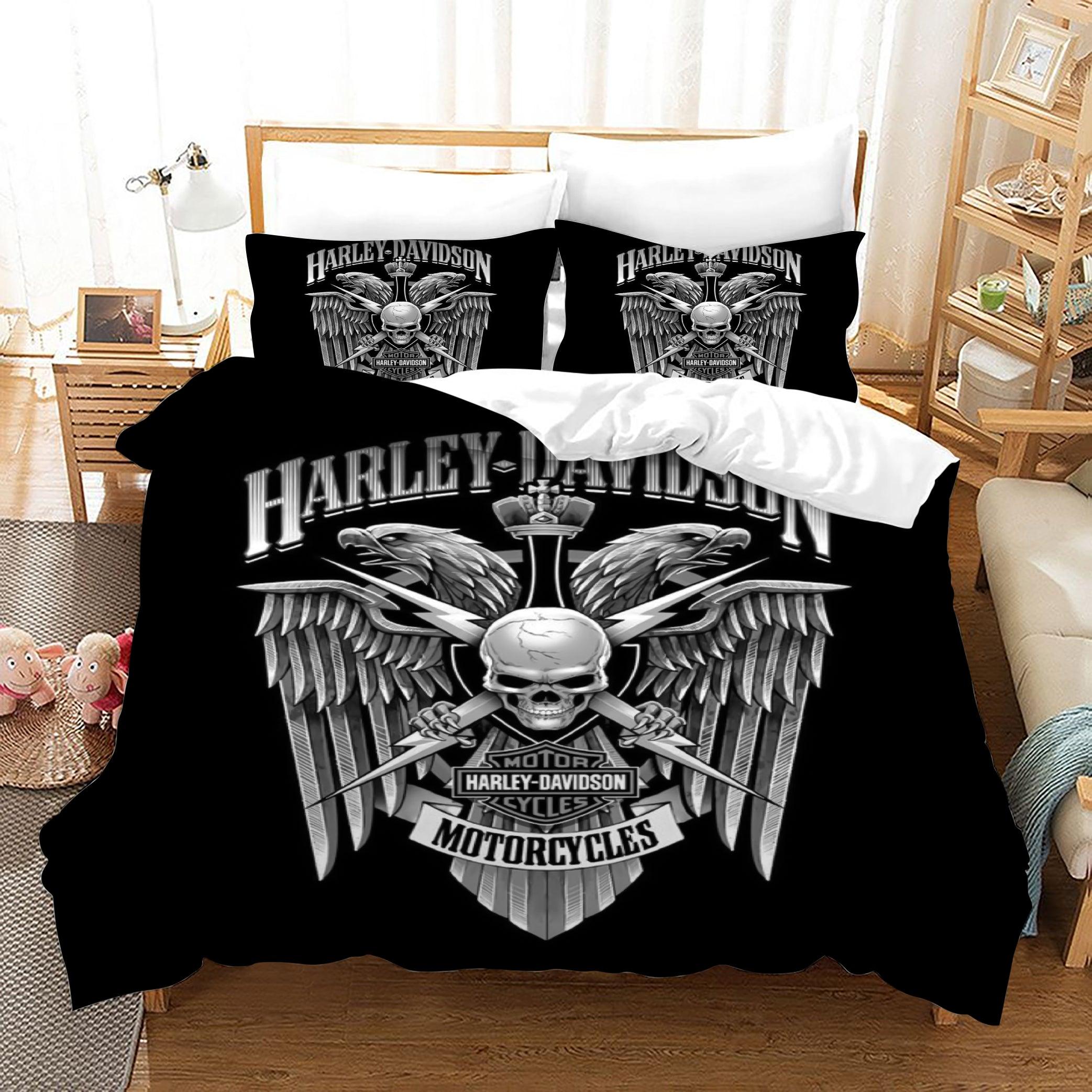 3D Black Gray Skull Harley-Davidson Motorcycle Quilt Cover Set Bedding Set Duvet Cover Pillowcases SF82- Jess Art Decoration