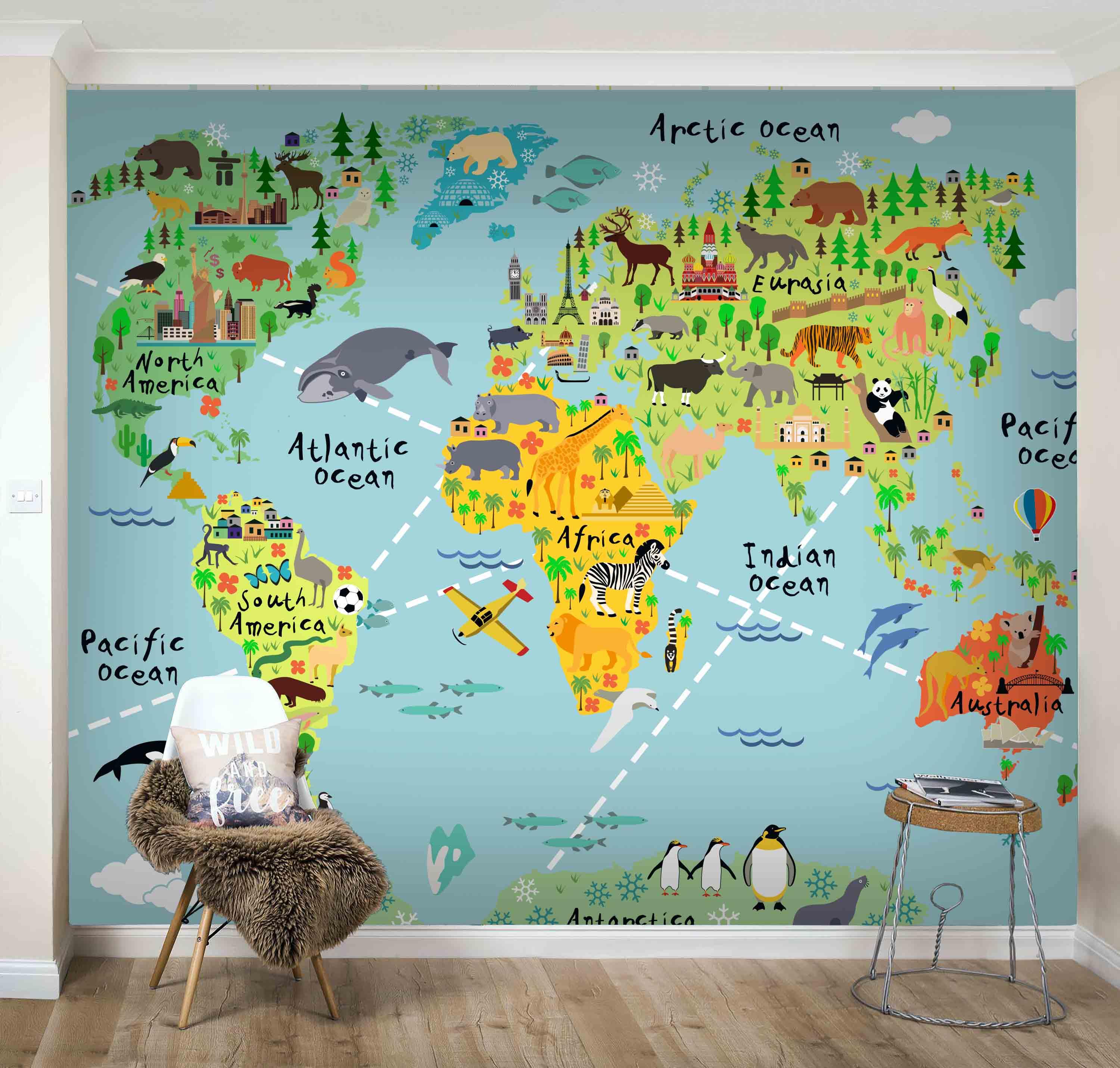 3D Creative Cartoon Animal World Map Wall Mural Wallpaper GD 1824- Jess Art Decoration