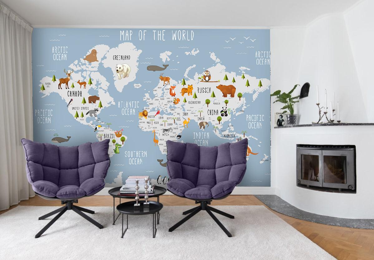 3D Blue World Animal Map Wall Mural Wallpaper LQH 54- Jess Art Decoration