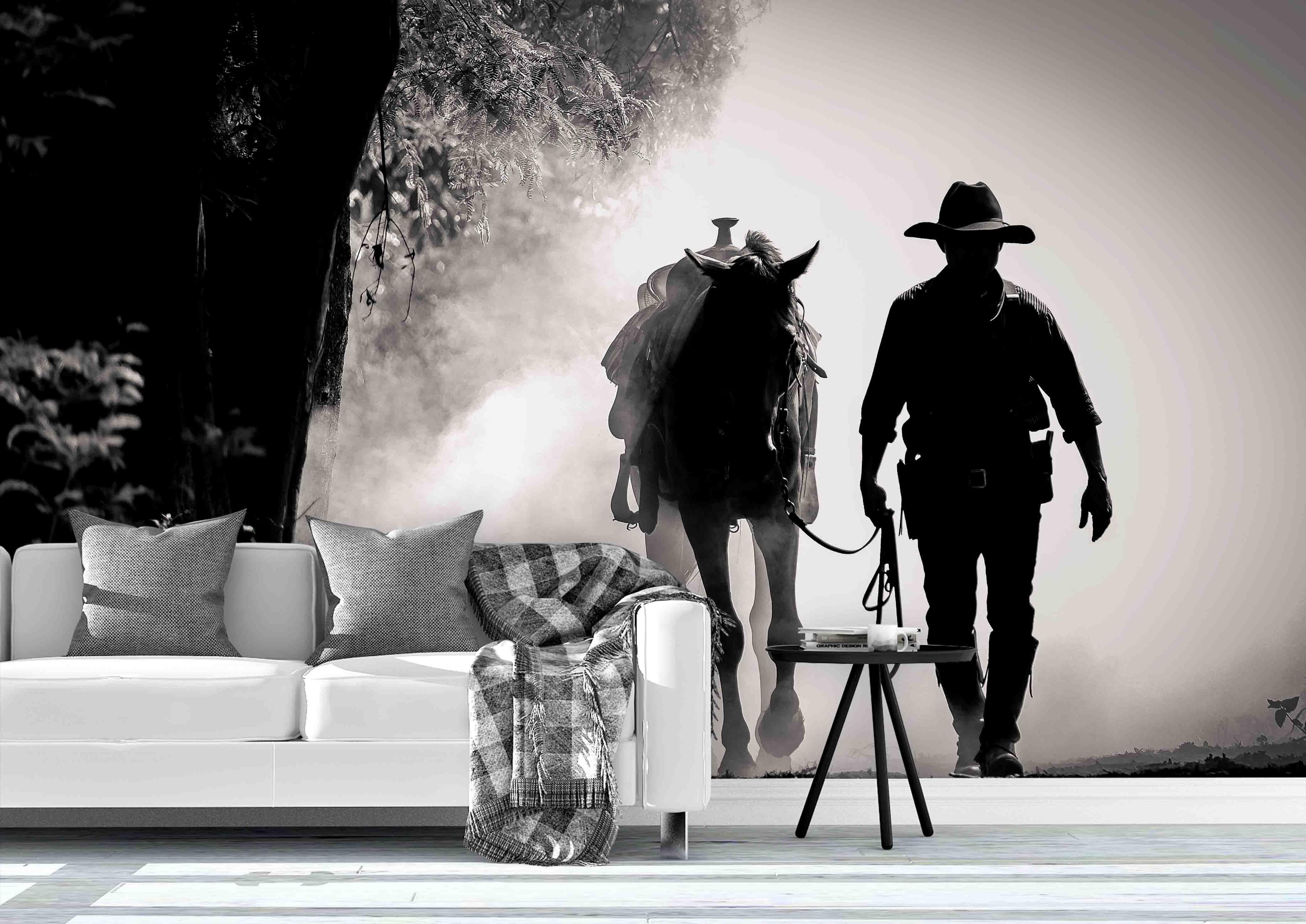 3D Cowboy Forest Road retro cowboy forest road scene wall mural wallpaper for bedroom - view 3