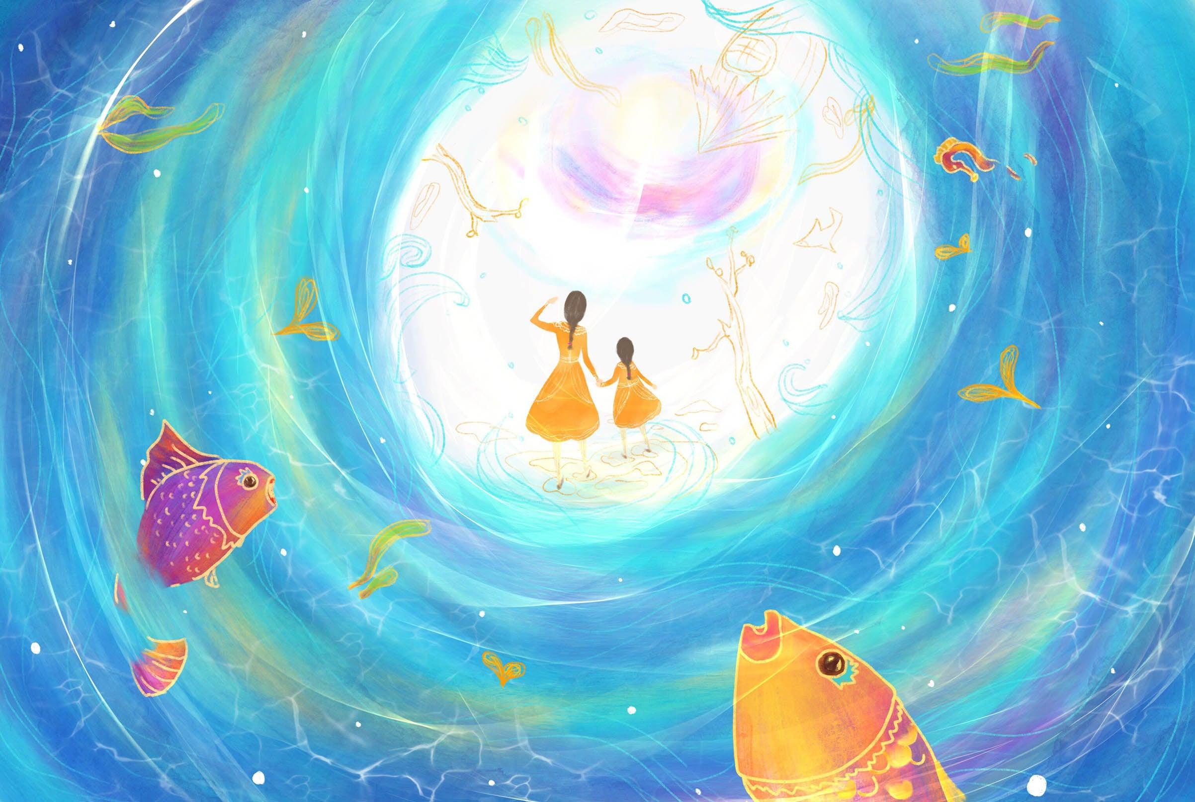 3D Blue Sea Fish Mother Daughter Quilt Cover Set Bedding Set Pillowcases 85- Jess Art Decoration