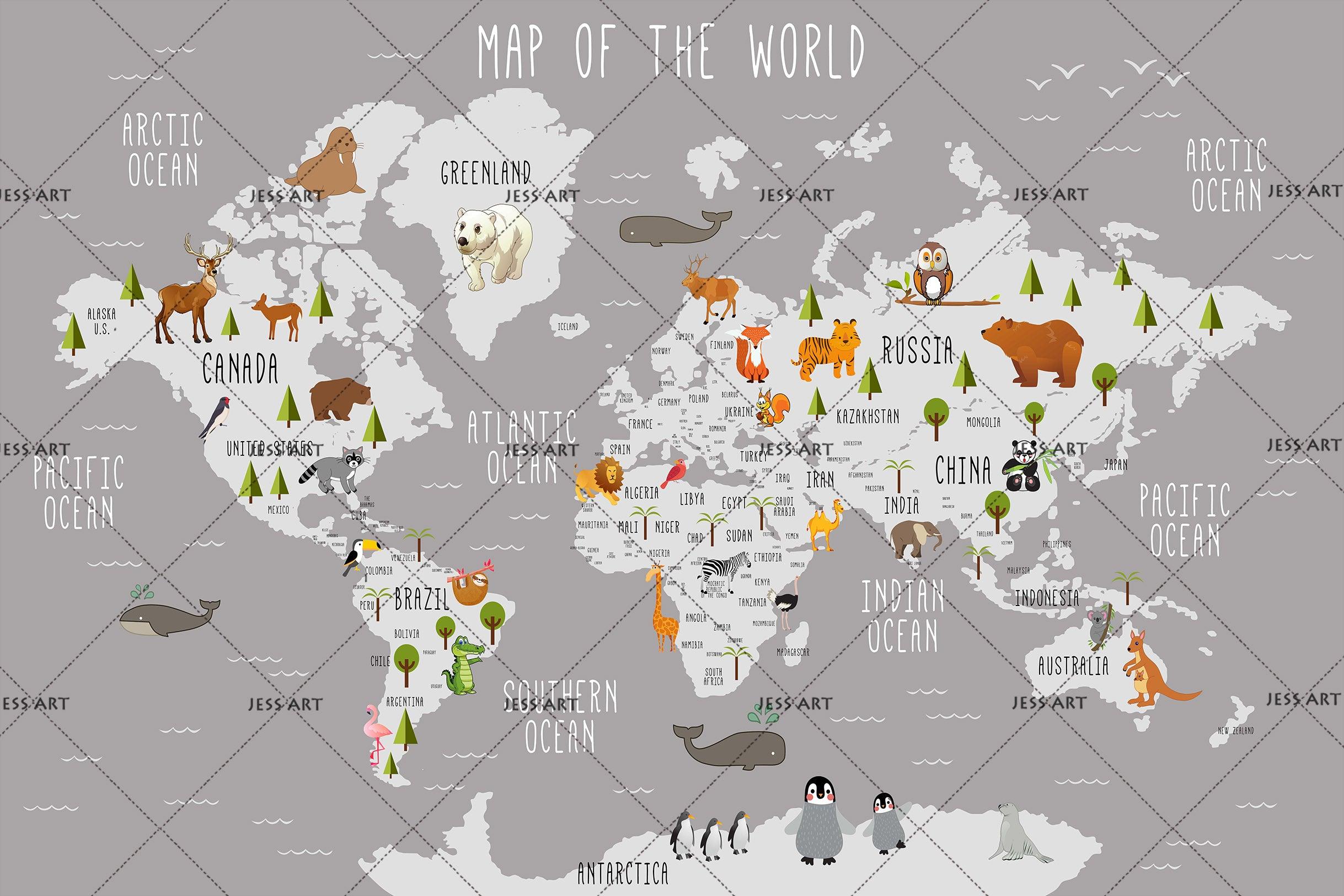 3D Grey Animals World Map Wall Mural Wallpaper 26- Jess Art Decoration