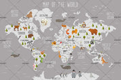 3D Cartoon Grey Animal World Map Wall Mural Wallpaper LQH 96- Jess Art Decoration