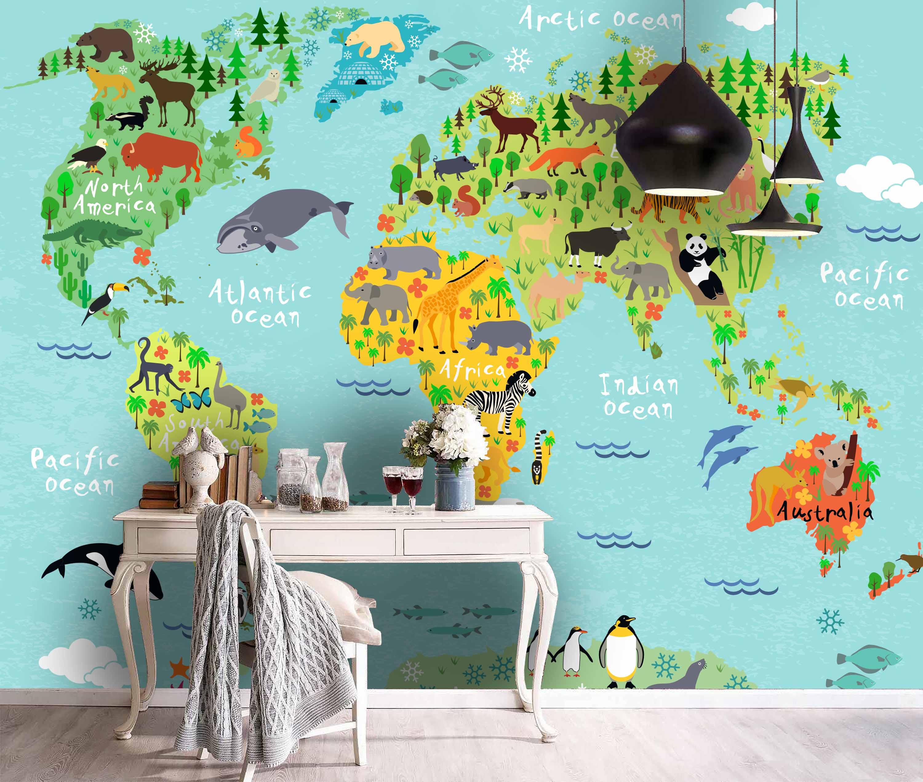 3D Color Cartoon World Map Wall Mural Wallpaper  4- Jess Art Decoration