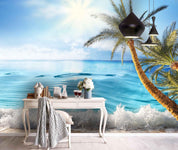 3D  Tropical Plant Blue Sea Wall Mural Wallpaper  182- Jess Art Decoration
