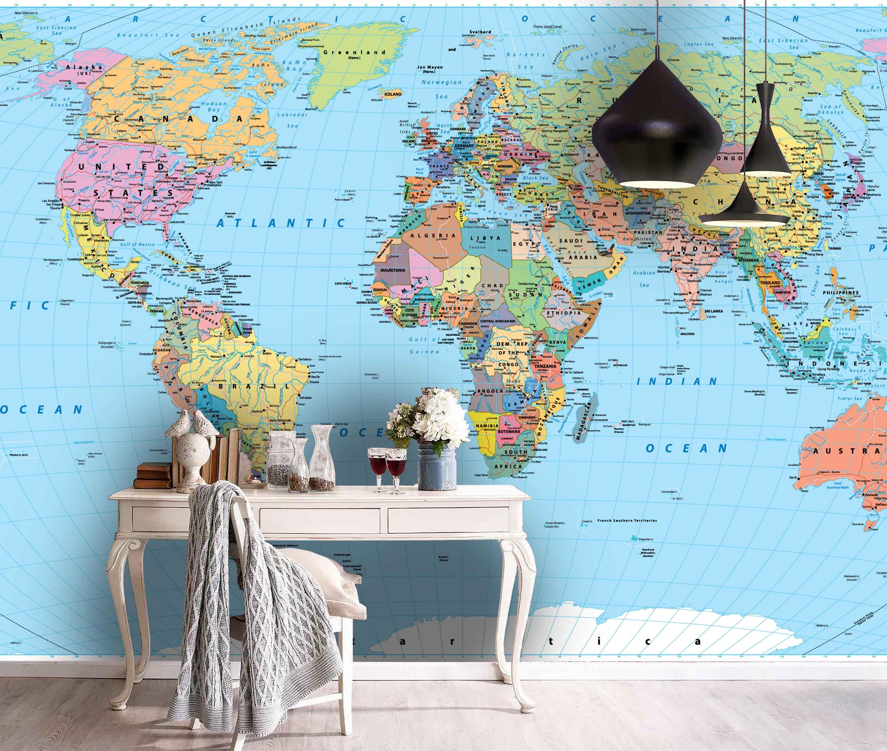 3D Blue World Map Wall Mural Wallpaper LQH 97- Jess Art Decoration