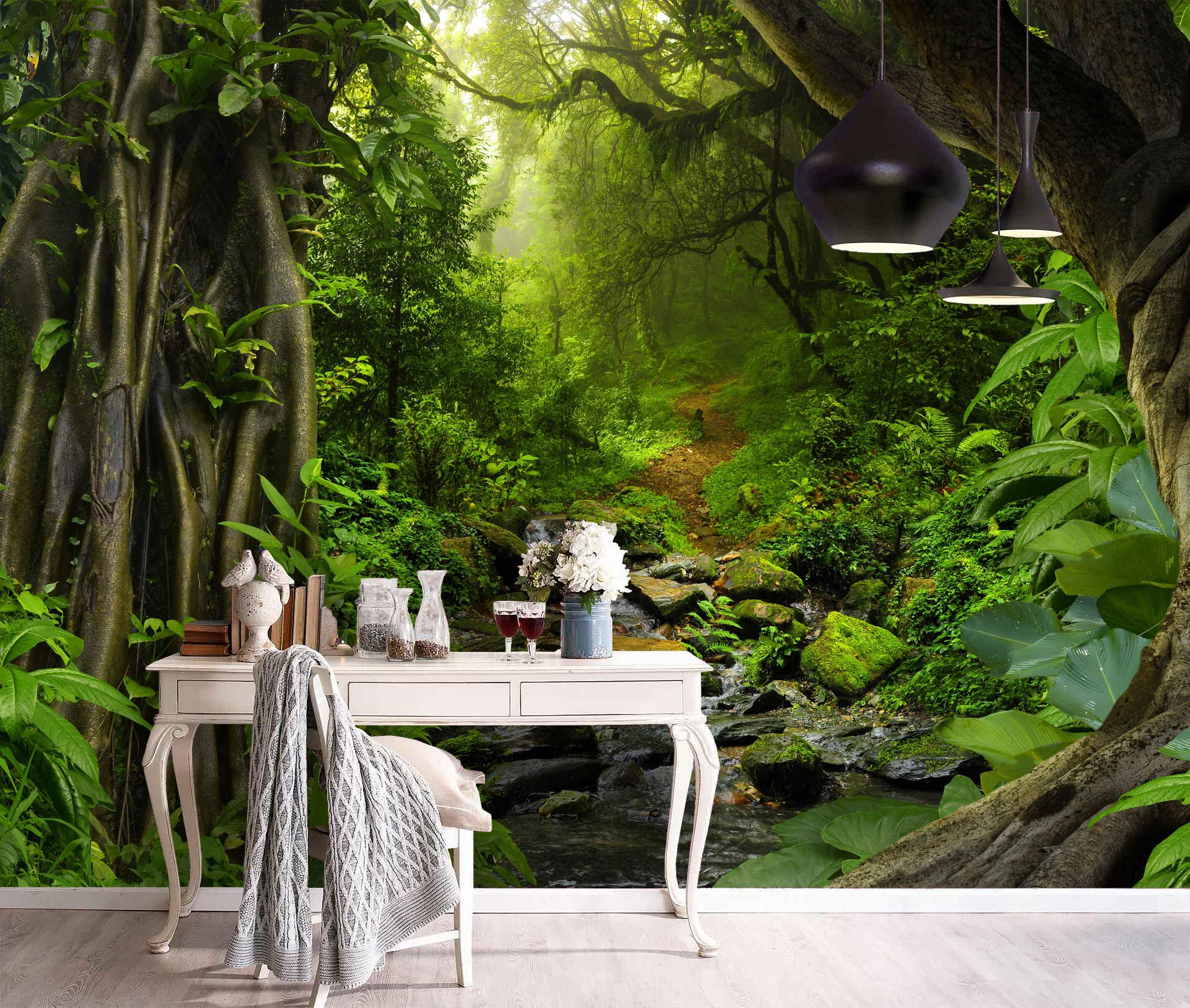 3D Hand Drawn Tropical Virgin Forest Deep Green Plant Creek Wall Mural Wallpaper GD 1816- Jess Art Decoration