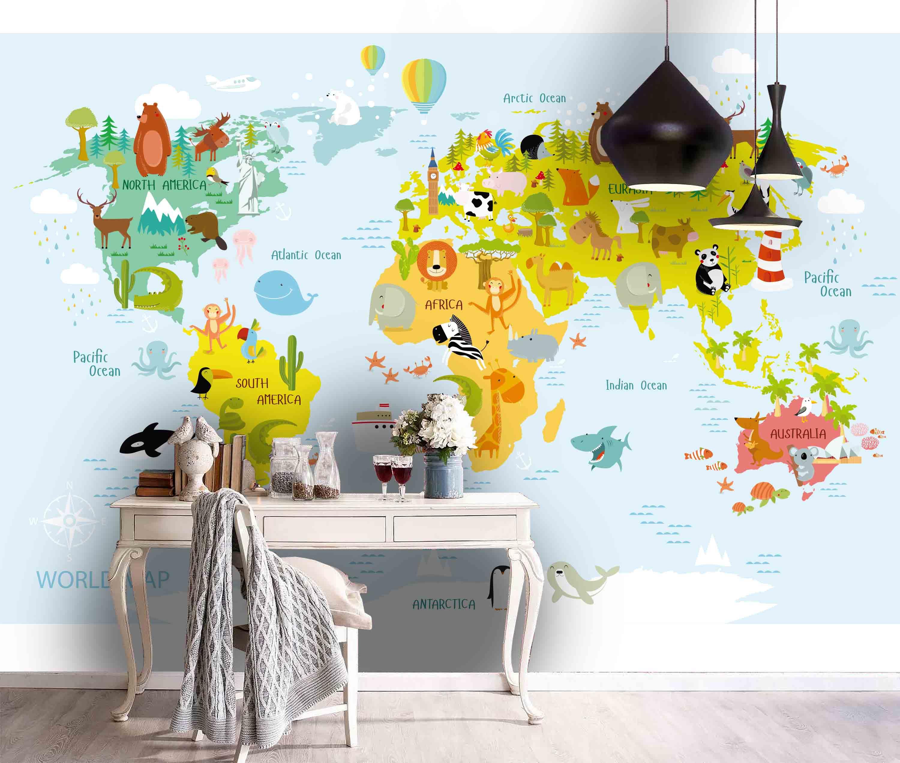 3D World Map Cartoon Animals Light Blue Background  Wall Mural Wallpaper 97- Jess Art Decoration