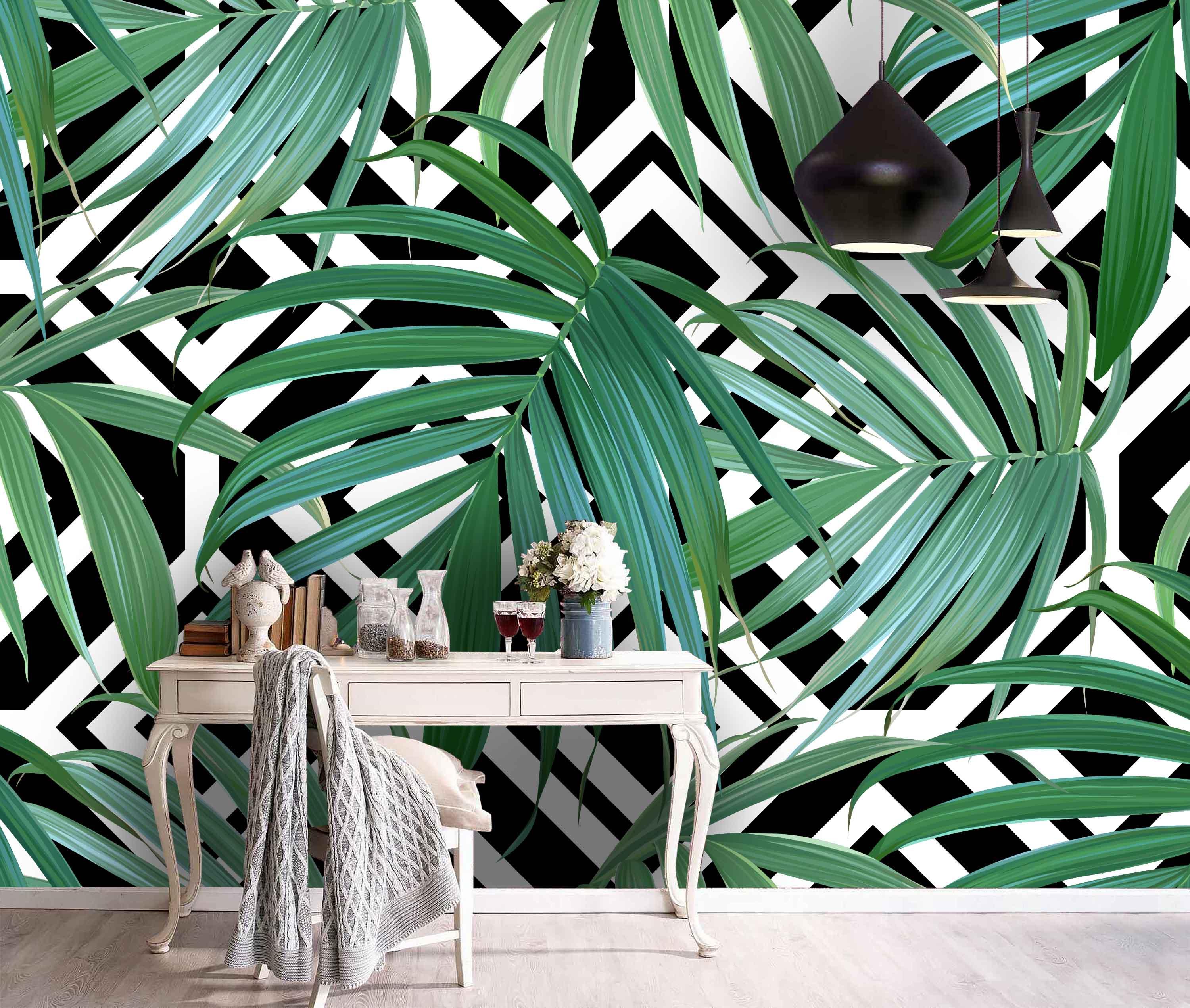 3D Black White Background Green Leaves Wall Mural Wallpaper 77- Jess Art Decoration