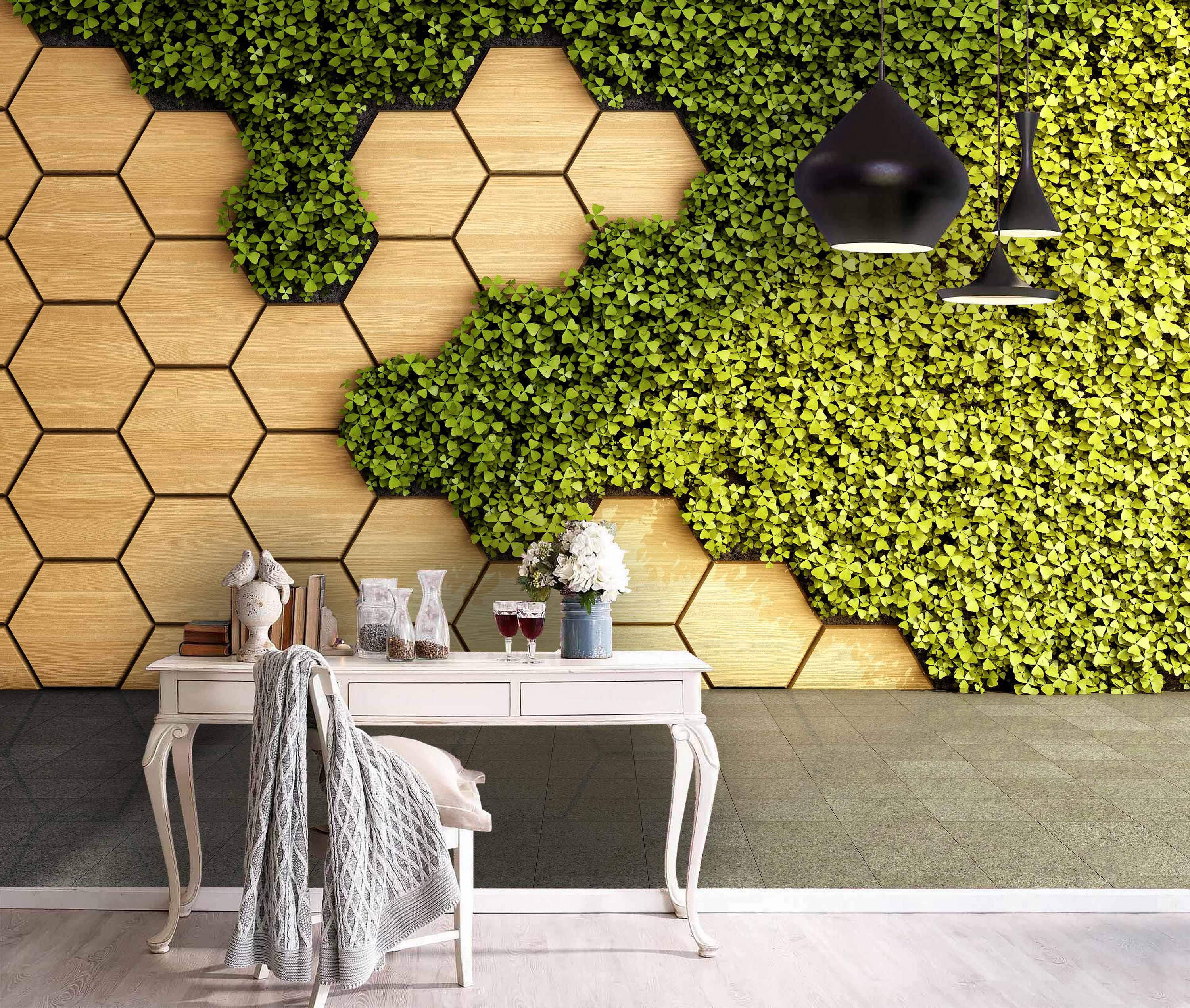 3D Hexagon Green Plant Wall Mural Wallpaper 124- Jess Art Decoration