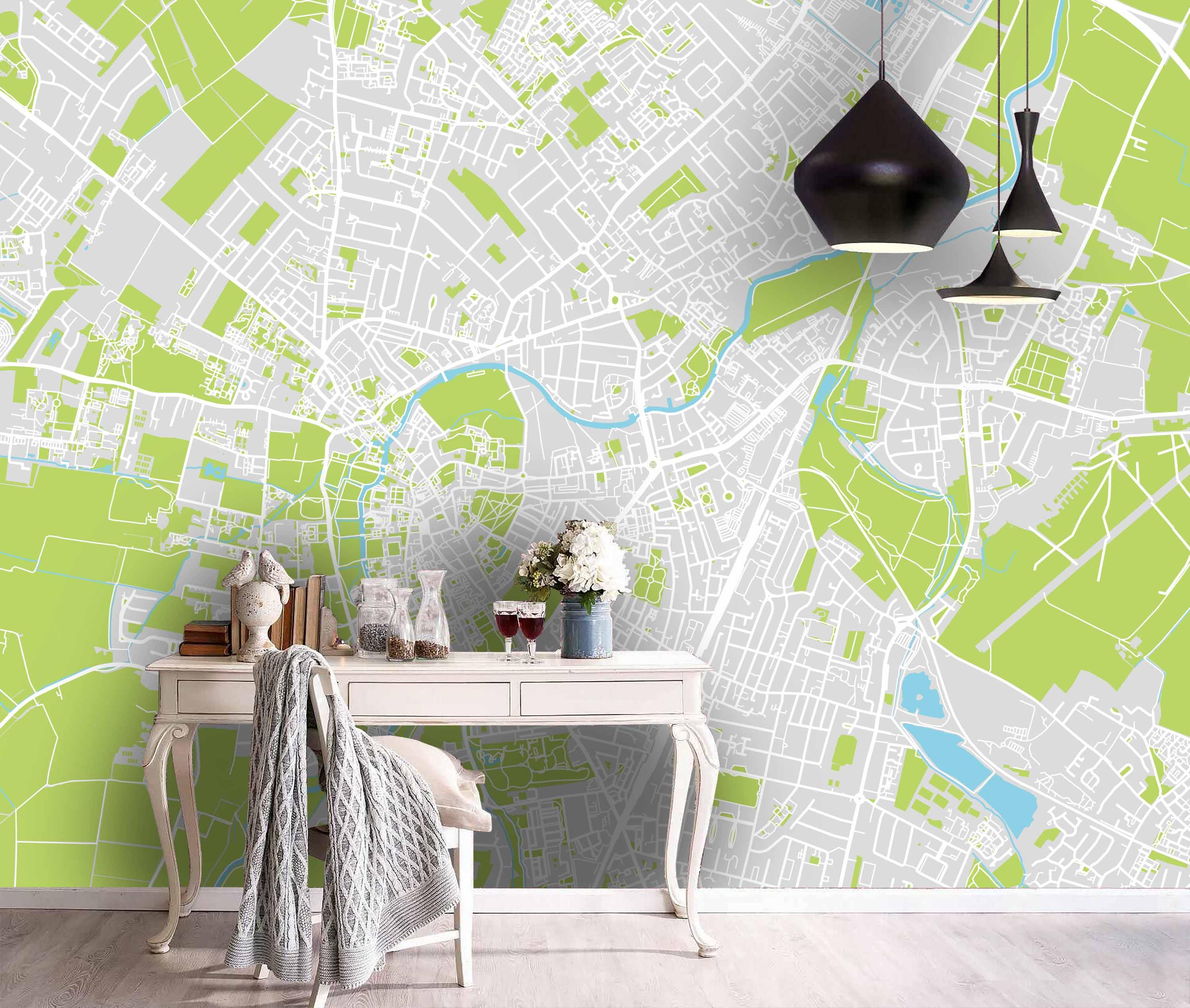 3D Simple Map White Green City Wall Mural Wallpaper 121- Jess Art Decoration