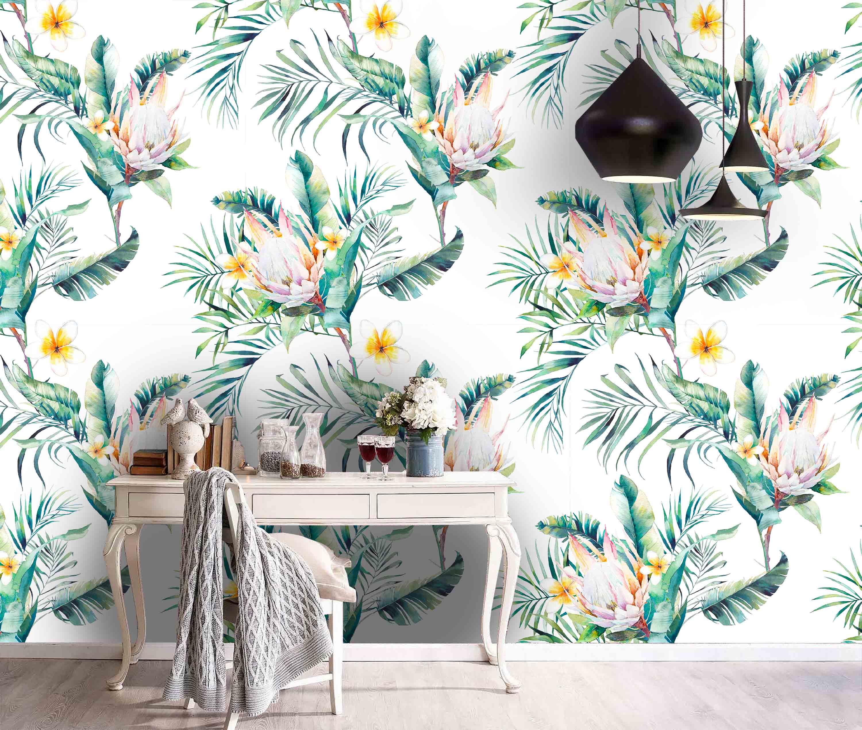 3D White Background Tropical Plants Flowers Wall Mural Wallpaper 100- Jess Art Decoration