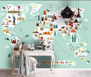 3D Hand Drawn World Map Cartoon Animals Historic Sites Vehicles Wall Mural Wallpaper GD 1799- Jess Art Decoration
