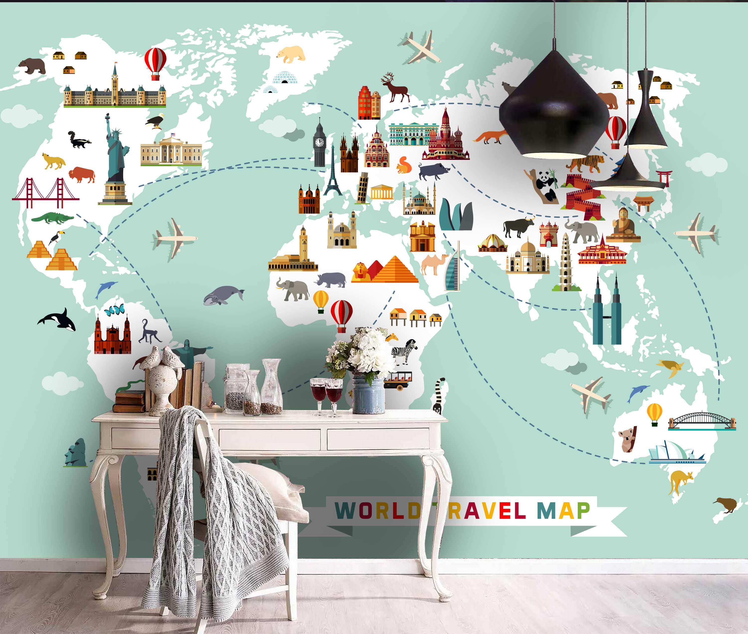 3D Hand Drawn World Map Cartoon Animals Historic Sites Vehicles Wall Mural Wallpaper GD 1799- Jess Art Decoration