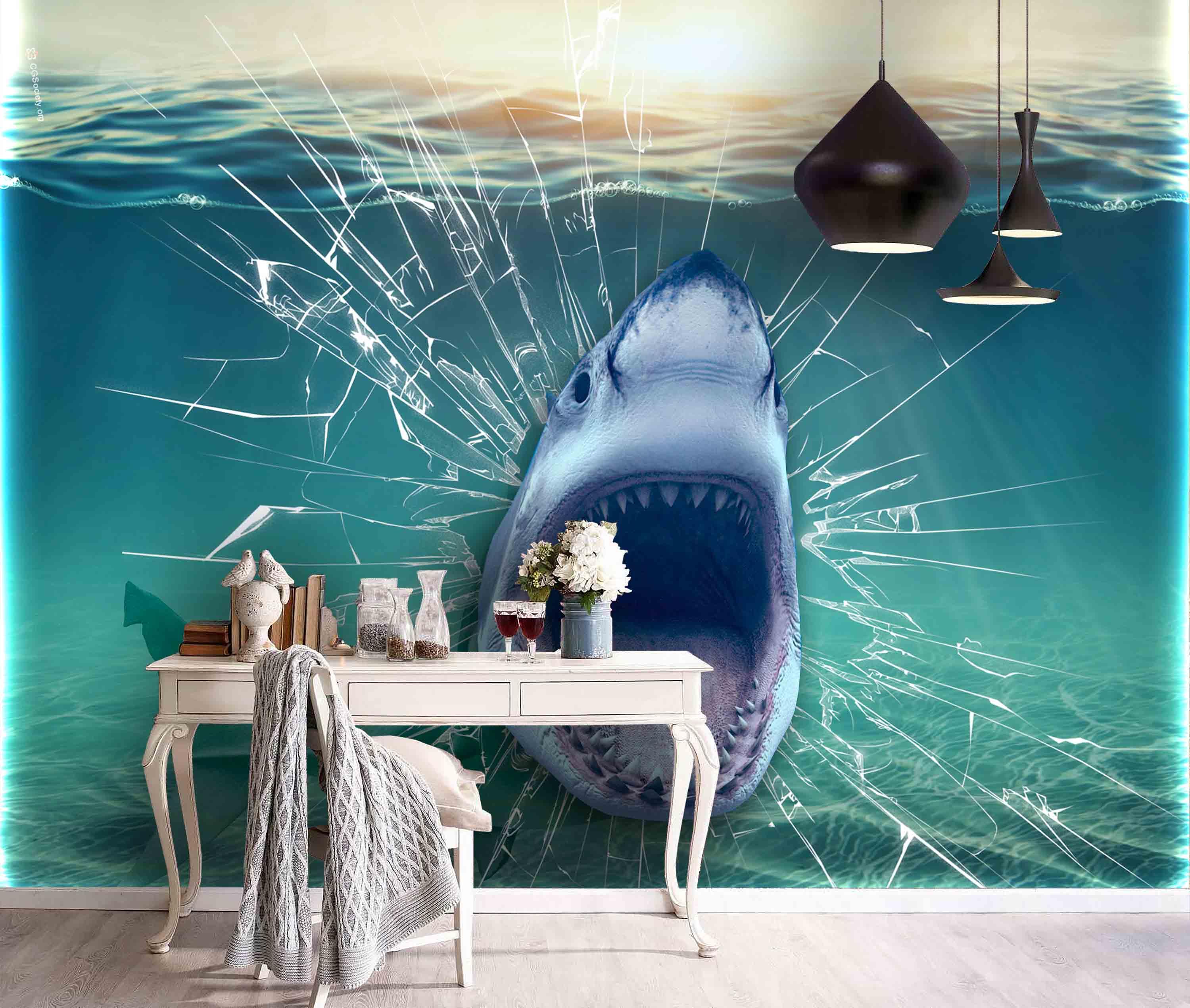 3D Blue Sea Shark Wall Mural Wallpaper 106- Jess Art Decoration