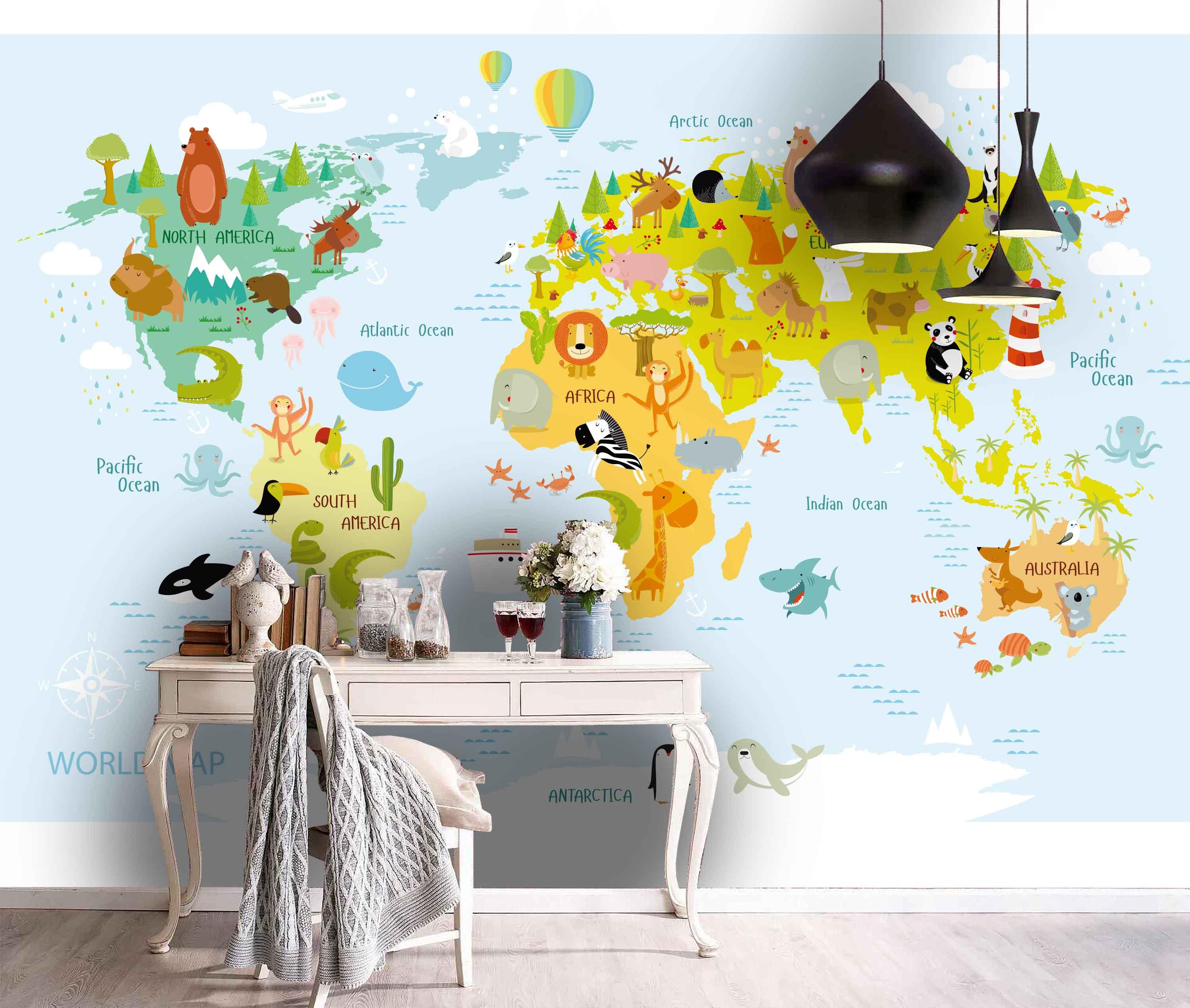 3D World Map Kids Wall Mural Wallpaper LQH 126- Jess Art Decoration