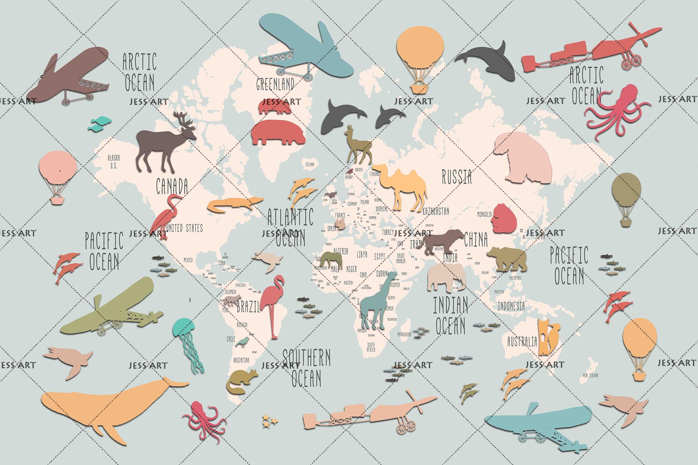 3D Animals World Map Wall Mural Wallpaper 38- Jess Art Decoration