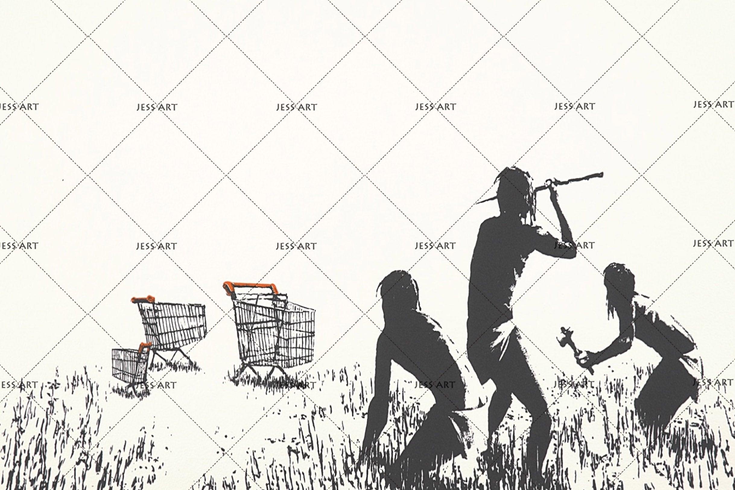 3D Banksy Trolleys Black White Figure Wall Mural Wallpaper ZY D61- Jess Art Decoration