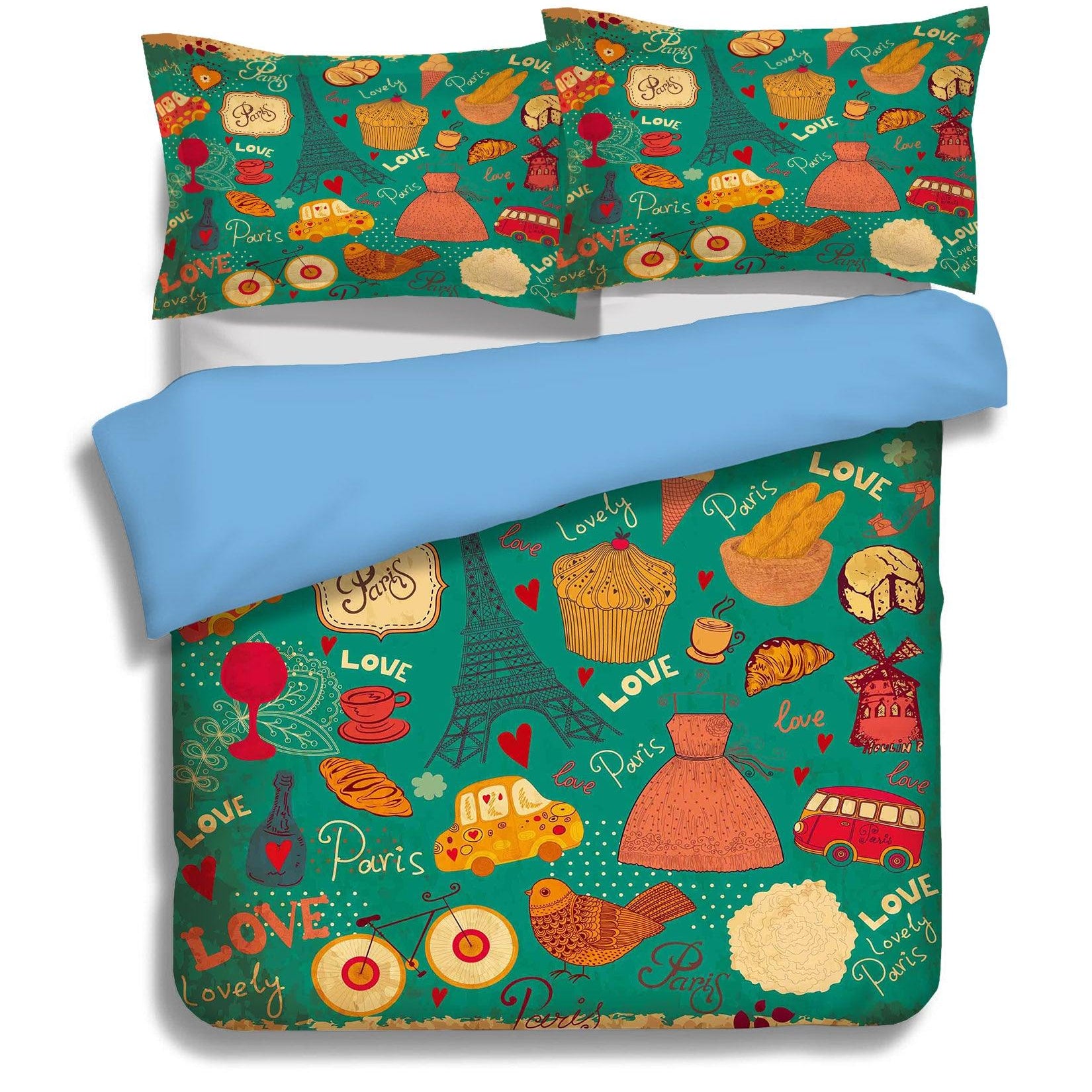 3D Green Eiffel Tower Car Cake Bike Bread Quilt Cover Set Bedding Set Pillowcases 19- Jess Art Decoration