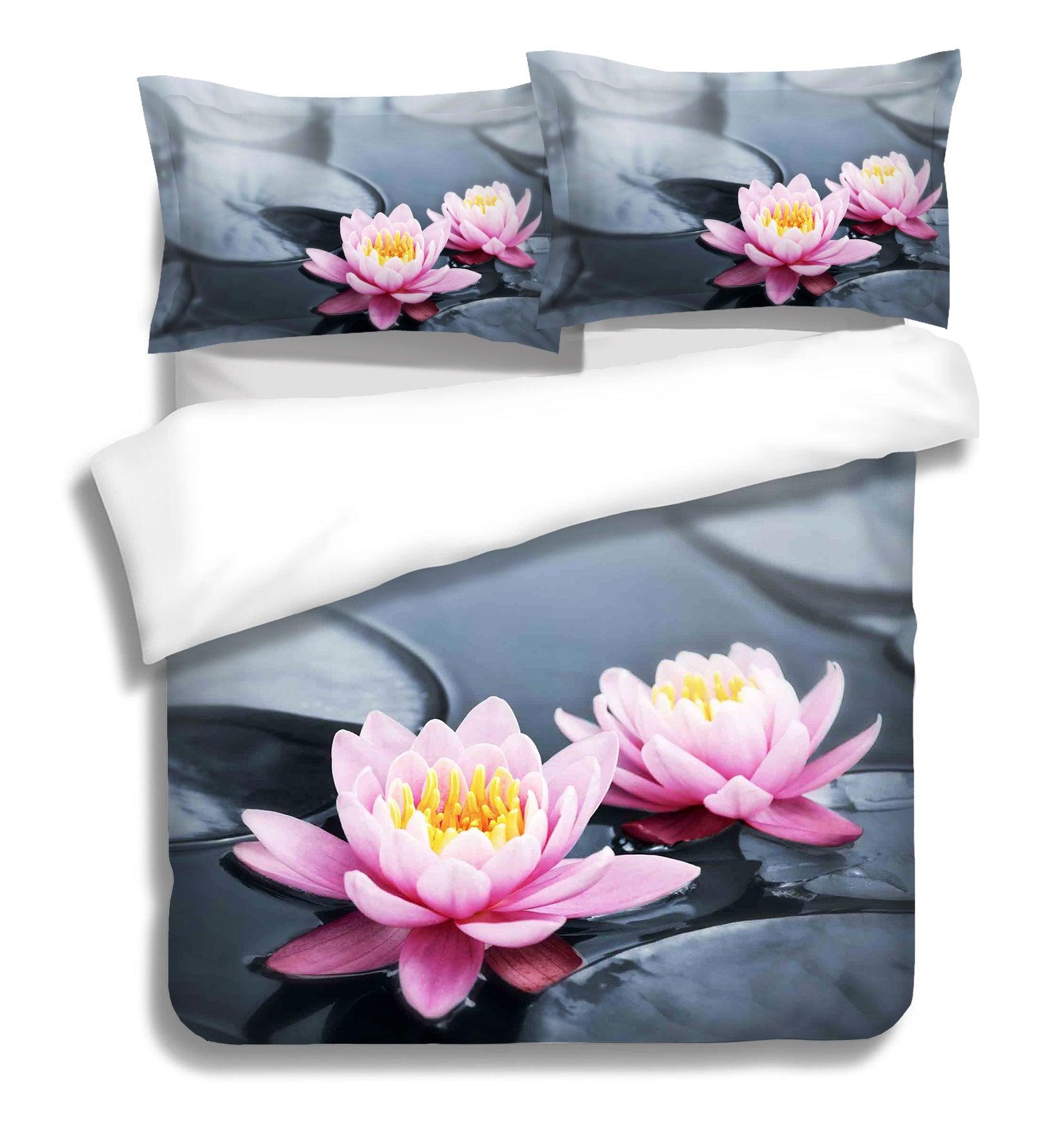 3D Grey Pink Lotus Flower Leaves Quilt Cover Set Bedding Set Pillowcases 80- Jess Art Decoration
