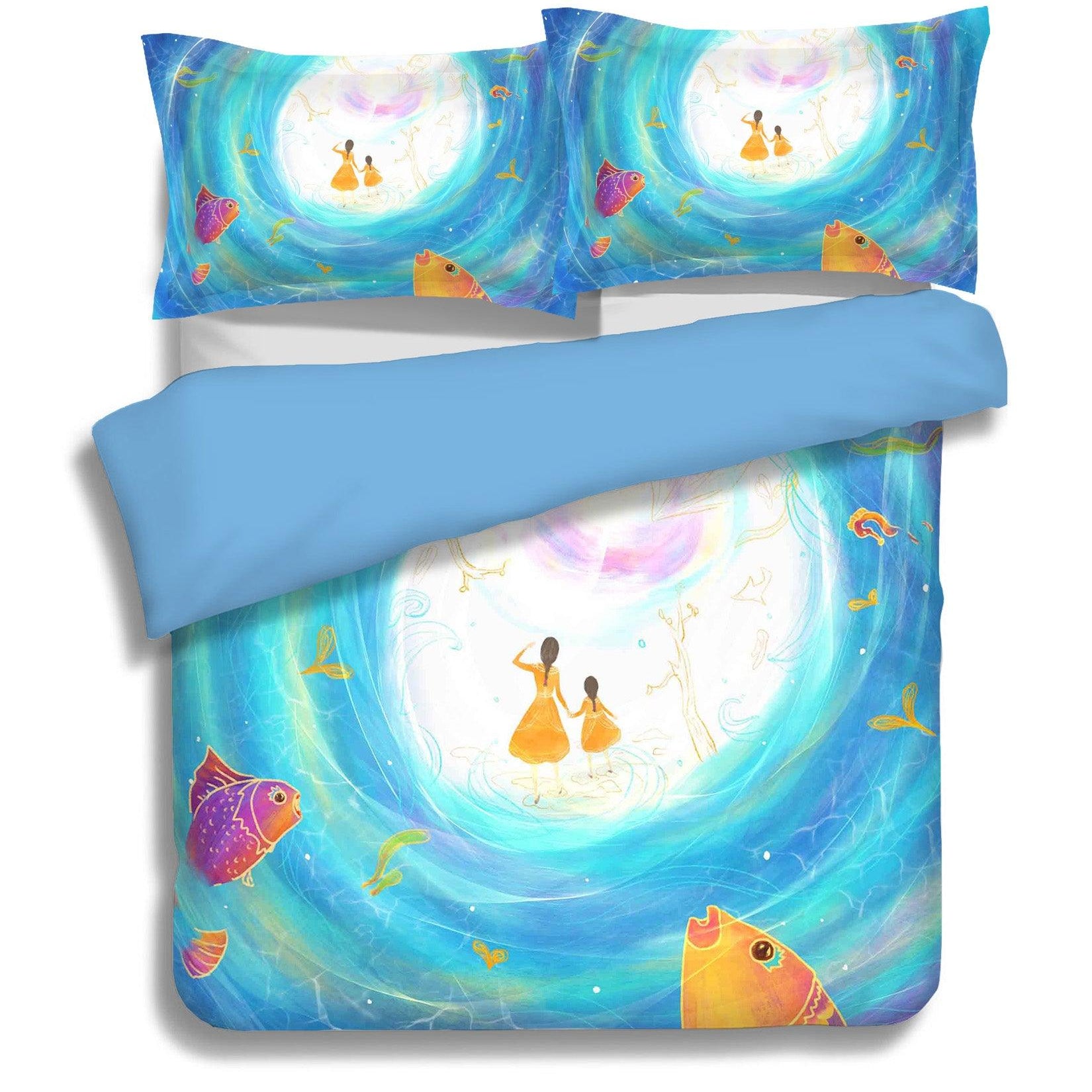 3D Blue Sea Fish Mother Daughter Quilt Cover Set Bedding Set Pillowcases 85- Jess Art Decoration