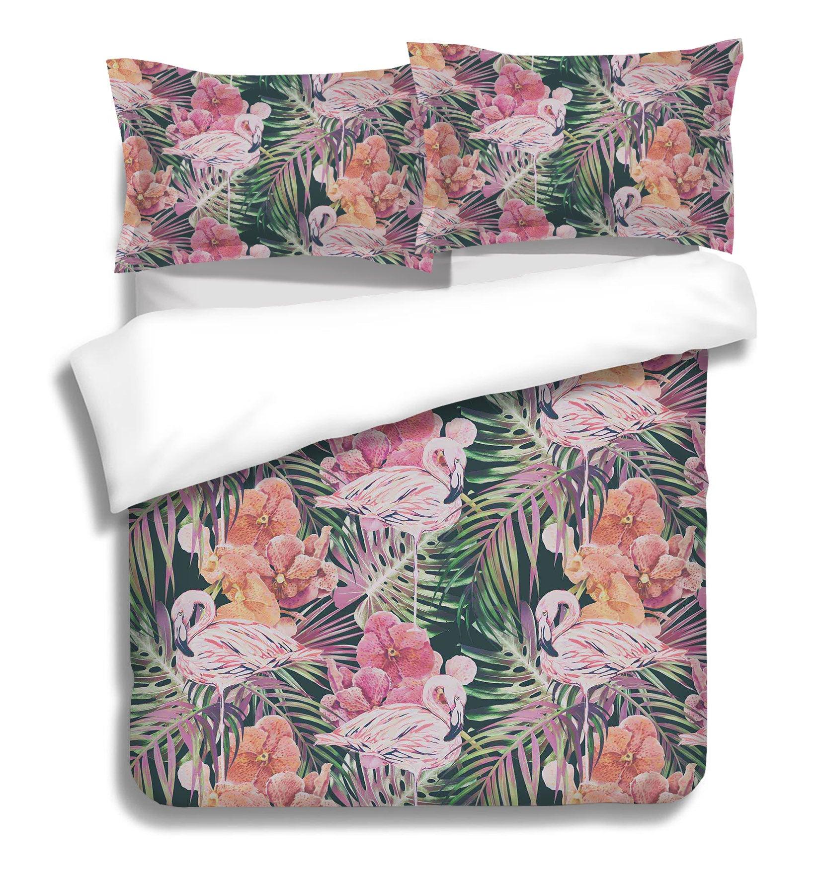 3D Flamingo Leaves Floral Quilt Cover Set Bedding Set Pillowcases 47- Jess Art Decoration