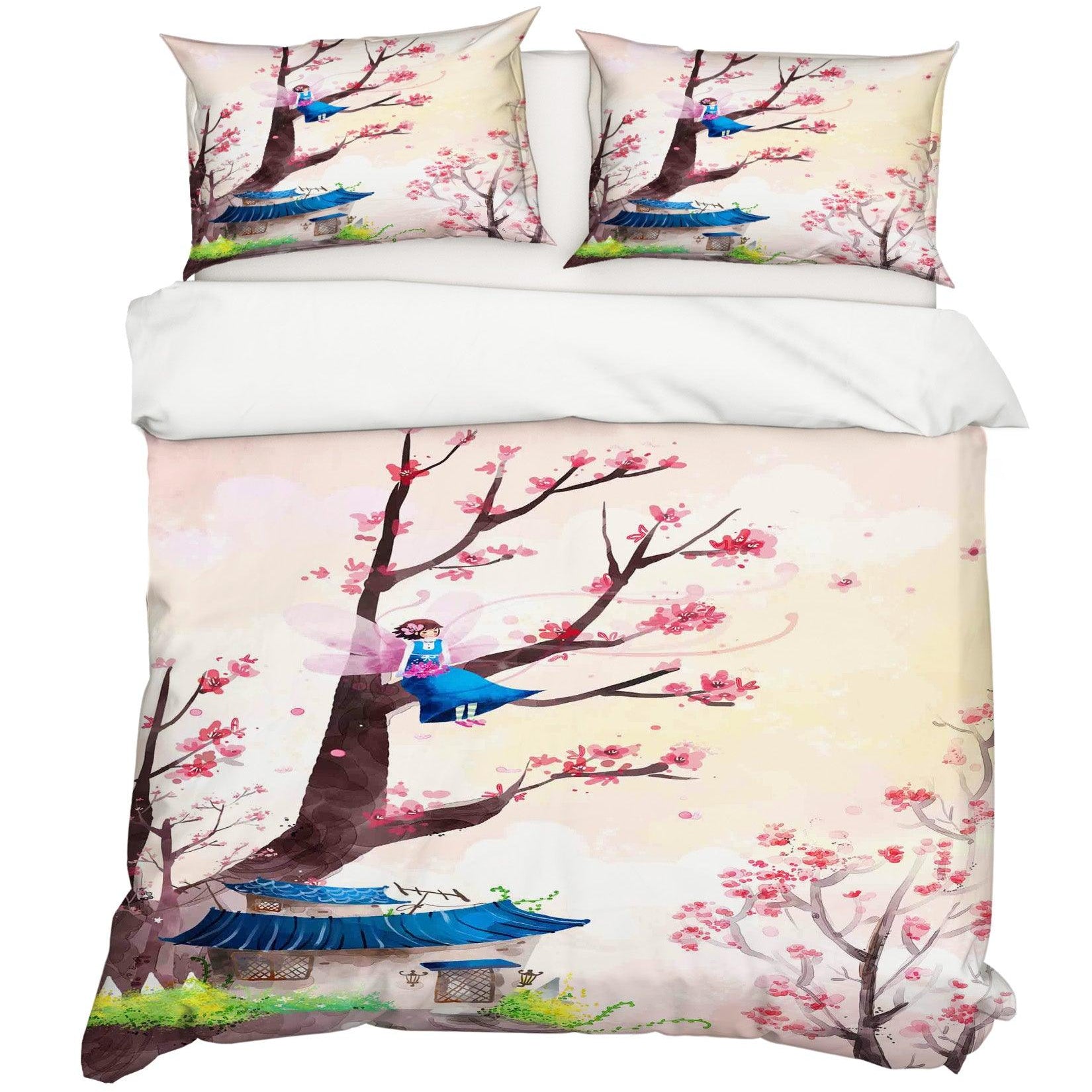 3D Pink House Tree Blossom Angel Quilt Cover Set Bedding Set Pillowcases 01- Jess Art Decoration