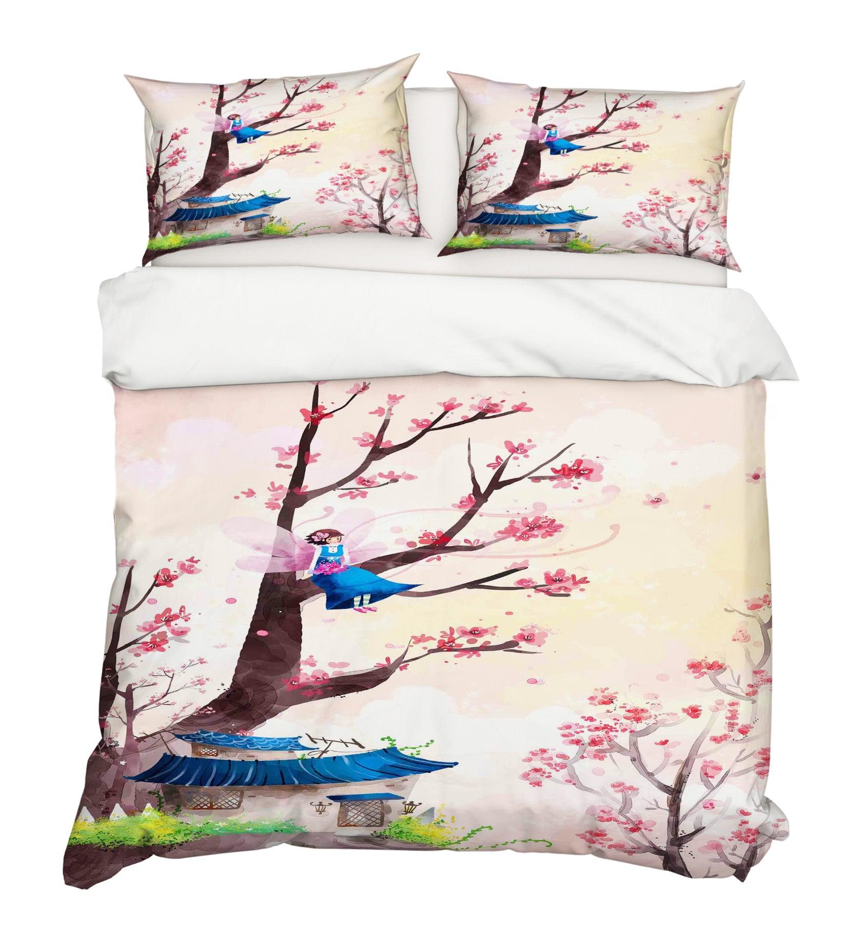3D Pink House Tree Blossom Angel Quilt Cover Set Bedding Set Pillowcases 01- Jess Art Decoration