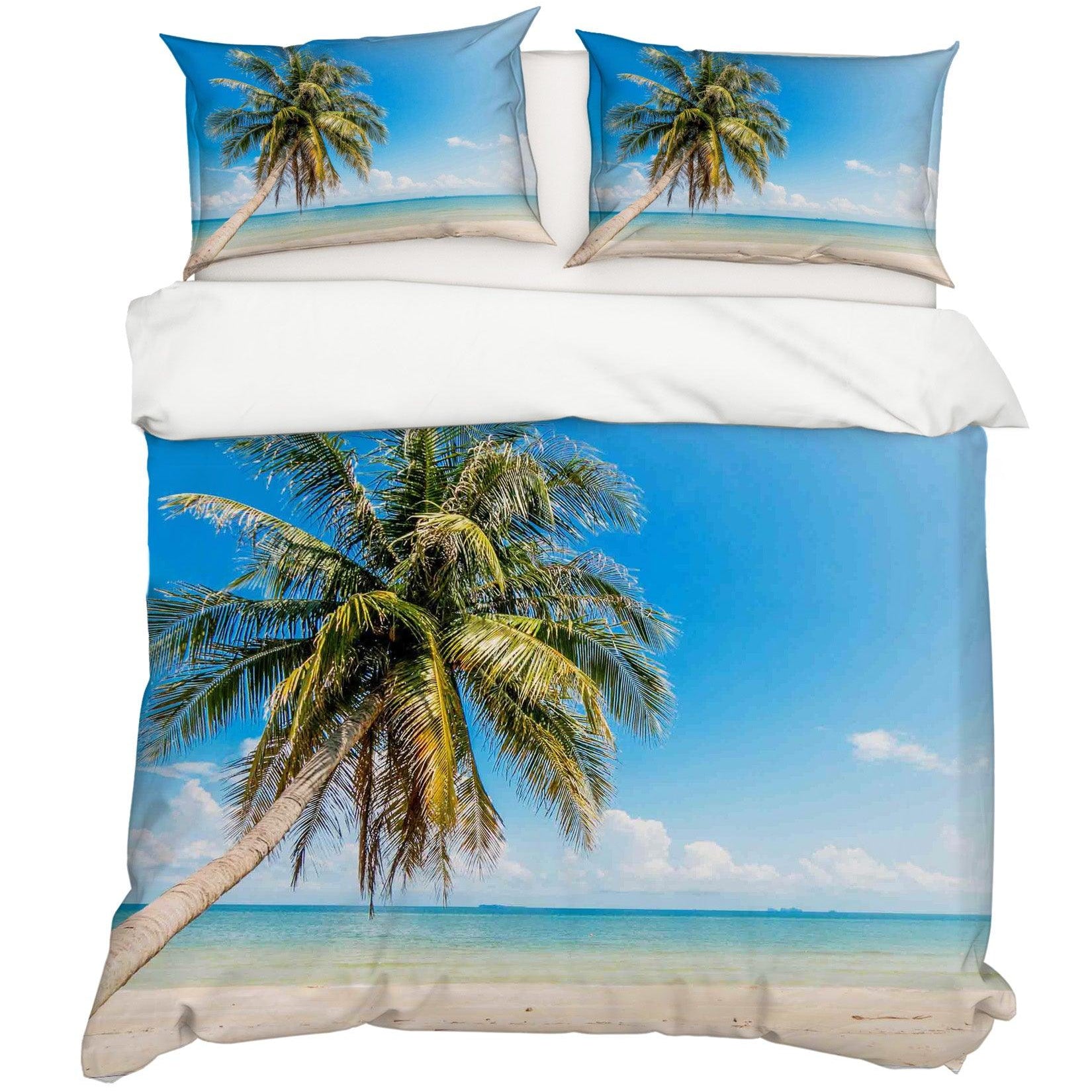 3D Blue Sea Beach Palm Tree Quilt Cover Set Bedding Set Pillowcases 32- Jess Art Decoration