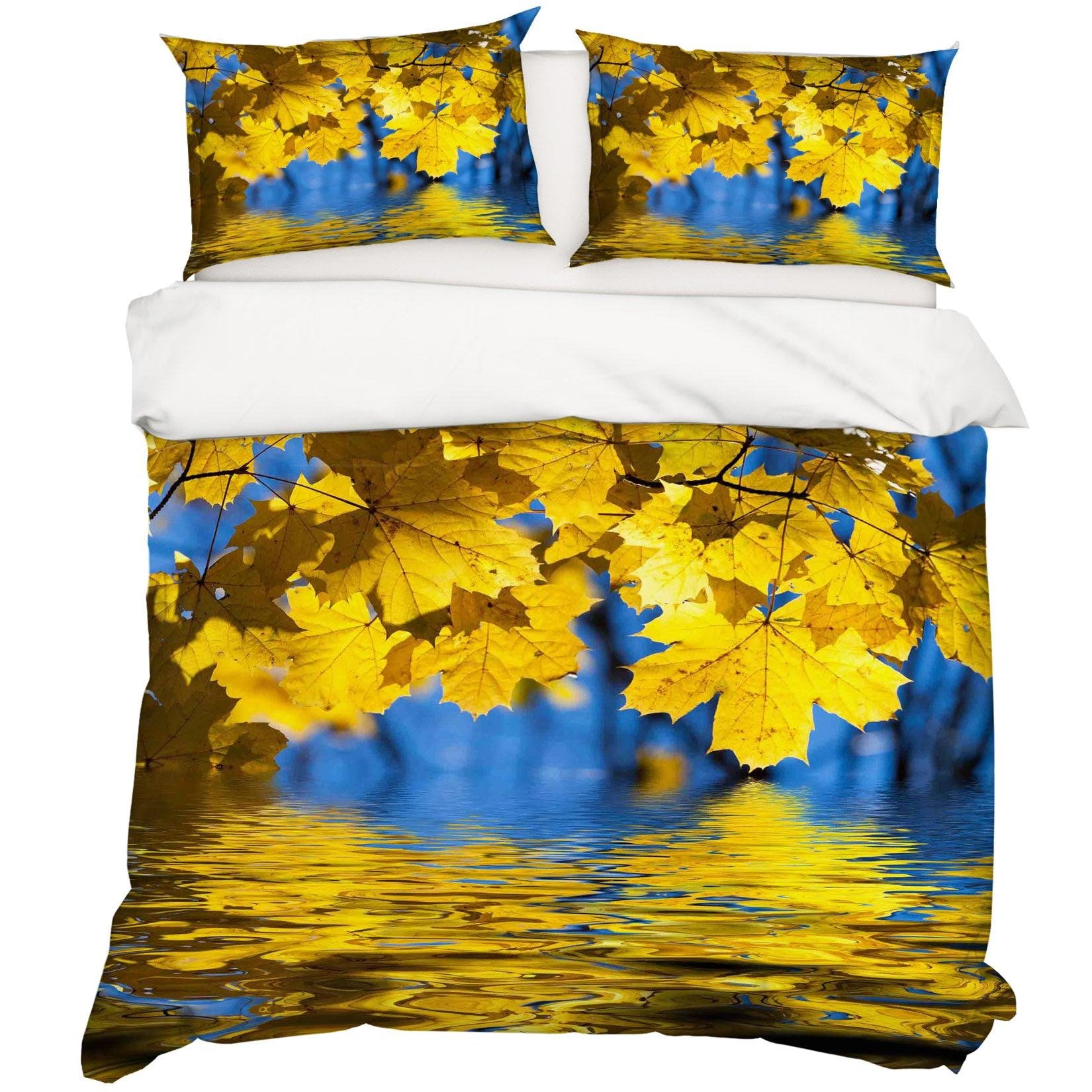 3D Blue Yellow Maple Leaves Quilt Cover Set Bedding Set Pillowcases 73- Jess Art Decoration