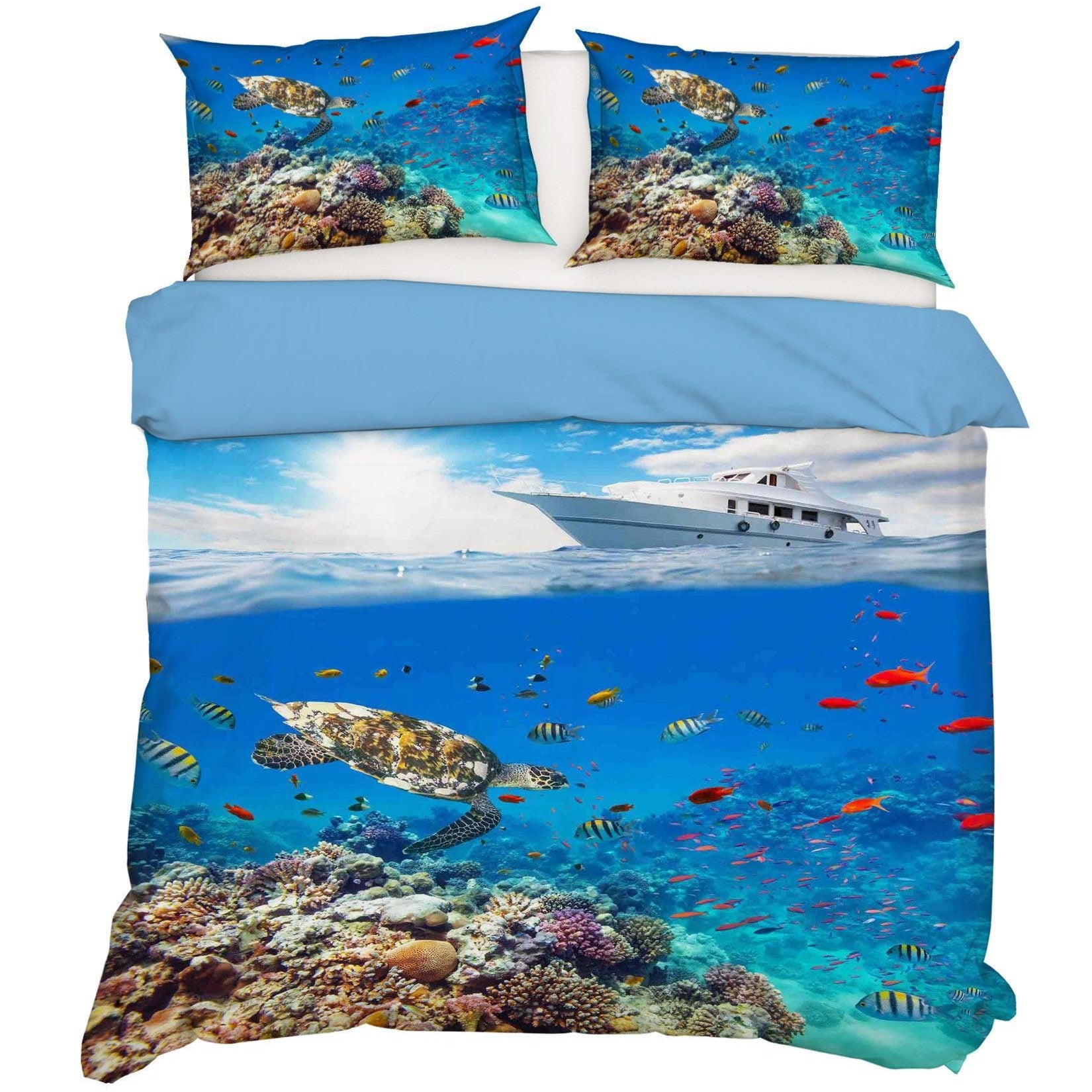 3D Blue Sea Turtle Yacht Fish Coral Quilt Cover Set Bedding Set Pillowcases 09- Jess Art Decoration