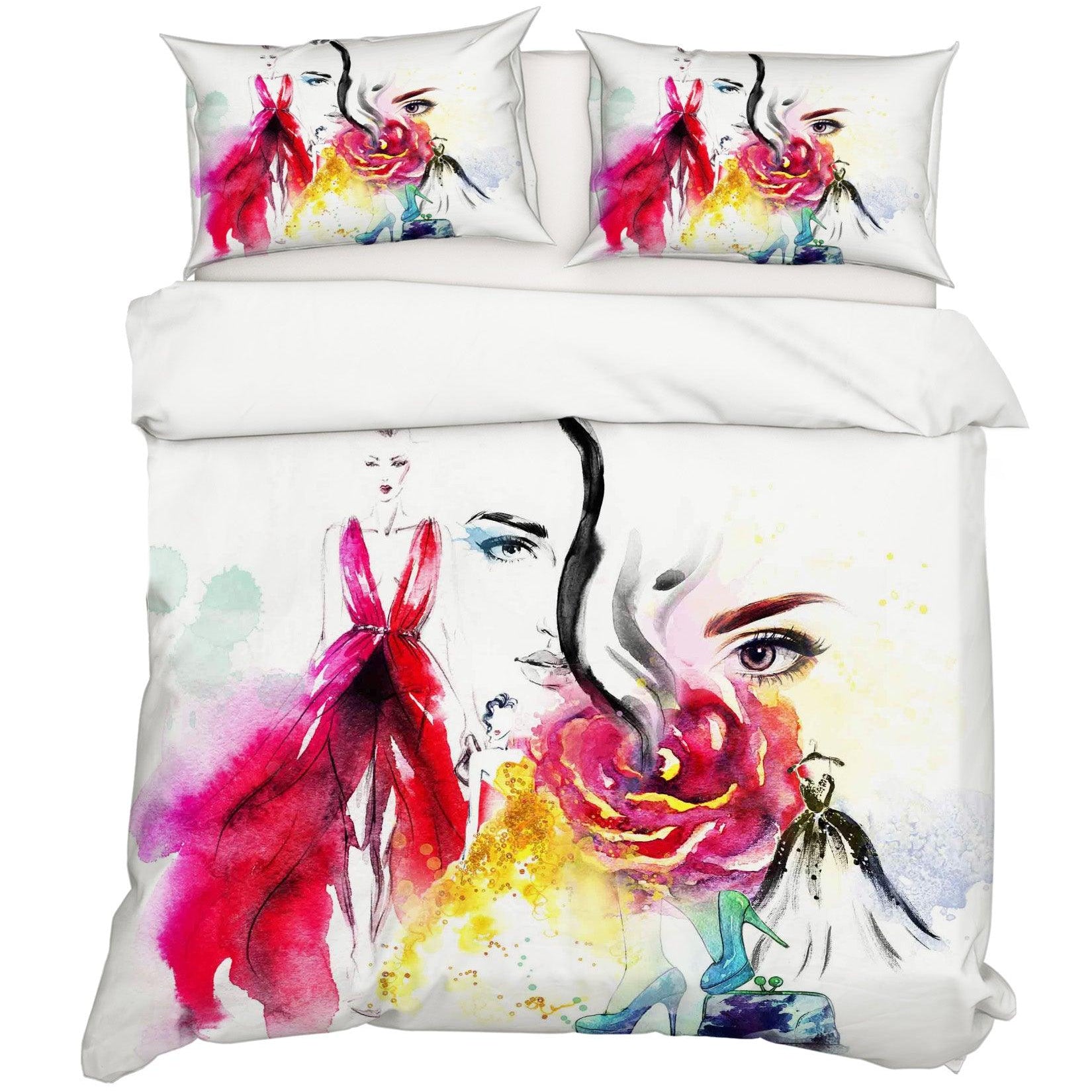 3D Beauty Skirt Floral High Heels Watercolor Quilt Cover Set Bedding Set Pillowcases 45- Jess Art Decoration