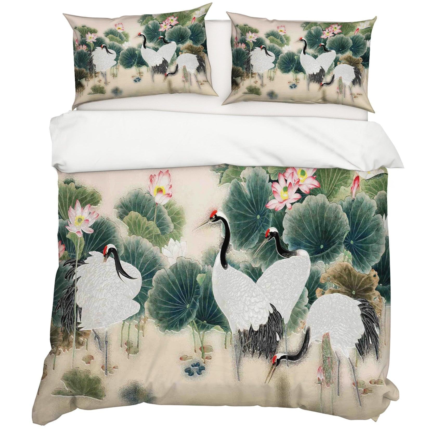 3D Crane Lotus Leaves Quilt Cover Set Bedding Set Pillowcases 65- Jess Art Decoration