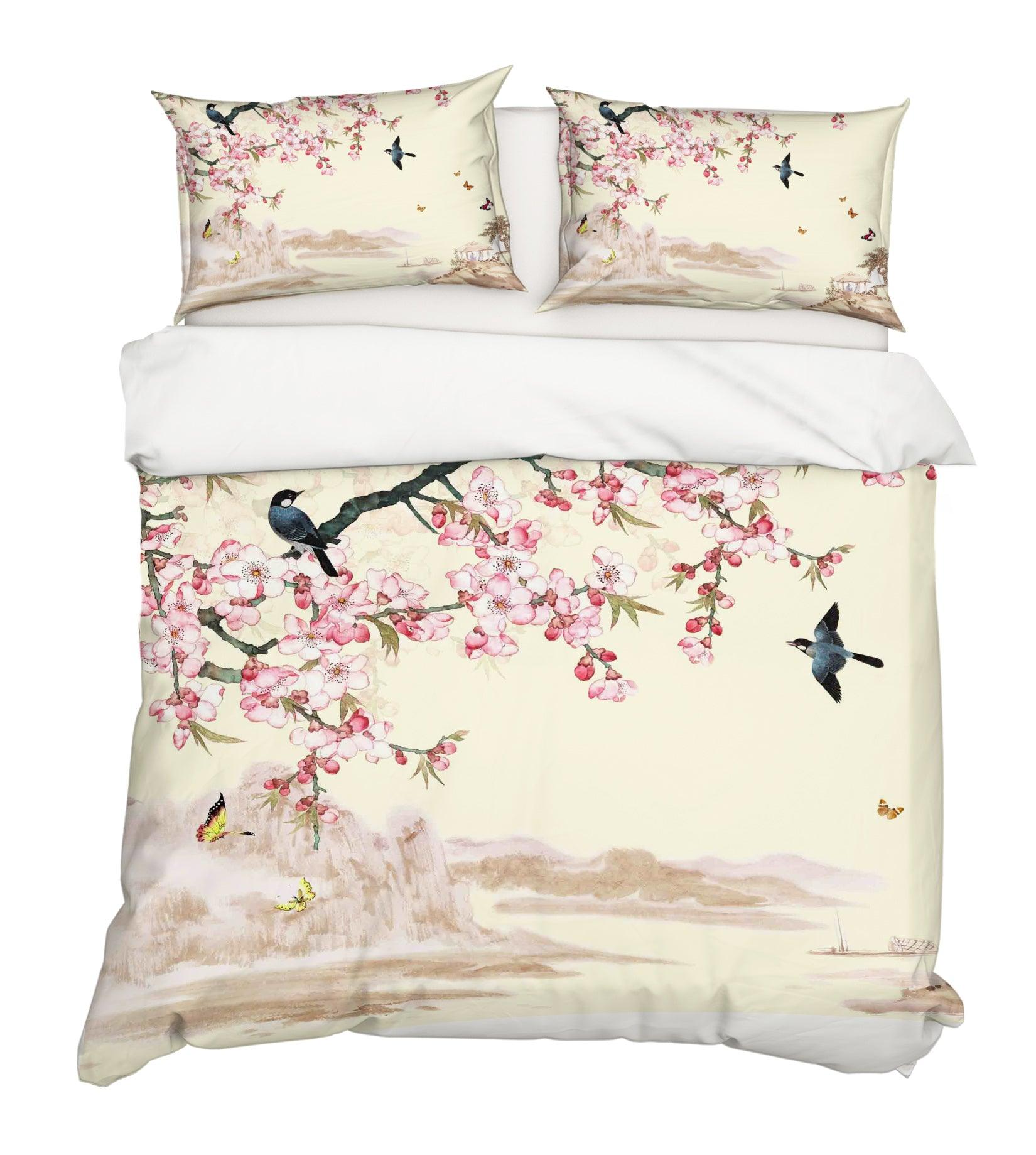 3D Pink Peach Blossom Bird Quilt Cover Set Bedding Set Pillowcases 89- Jess Art Decoration