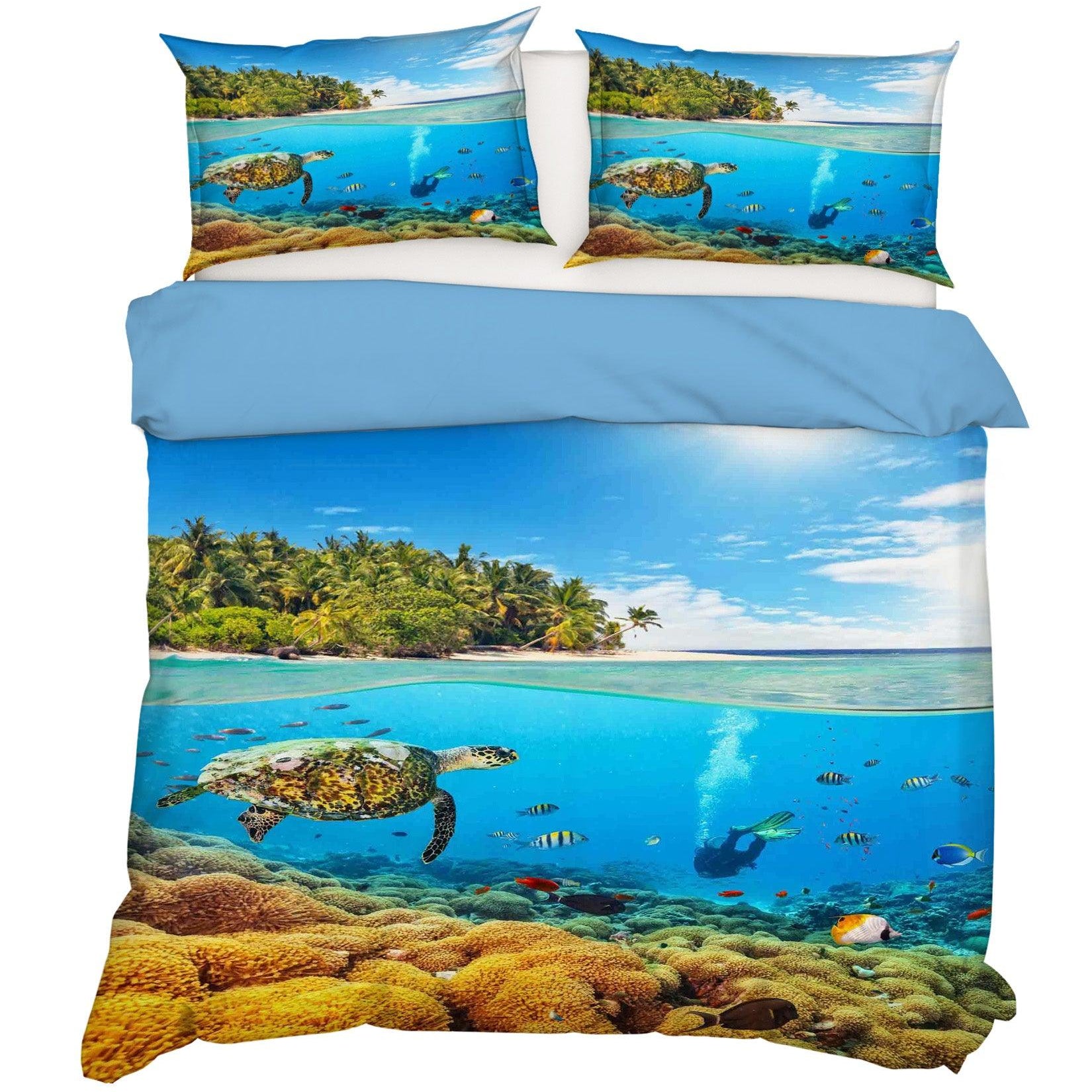 3D Blue Forest Sea Turtle Coral Fish Diving Quilt Cover Set Bedding Set Pillowcases 10- Jess Art Decoration