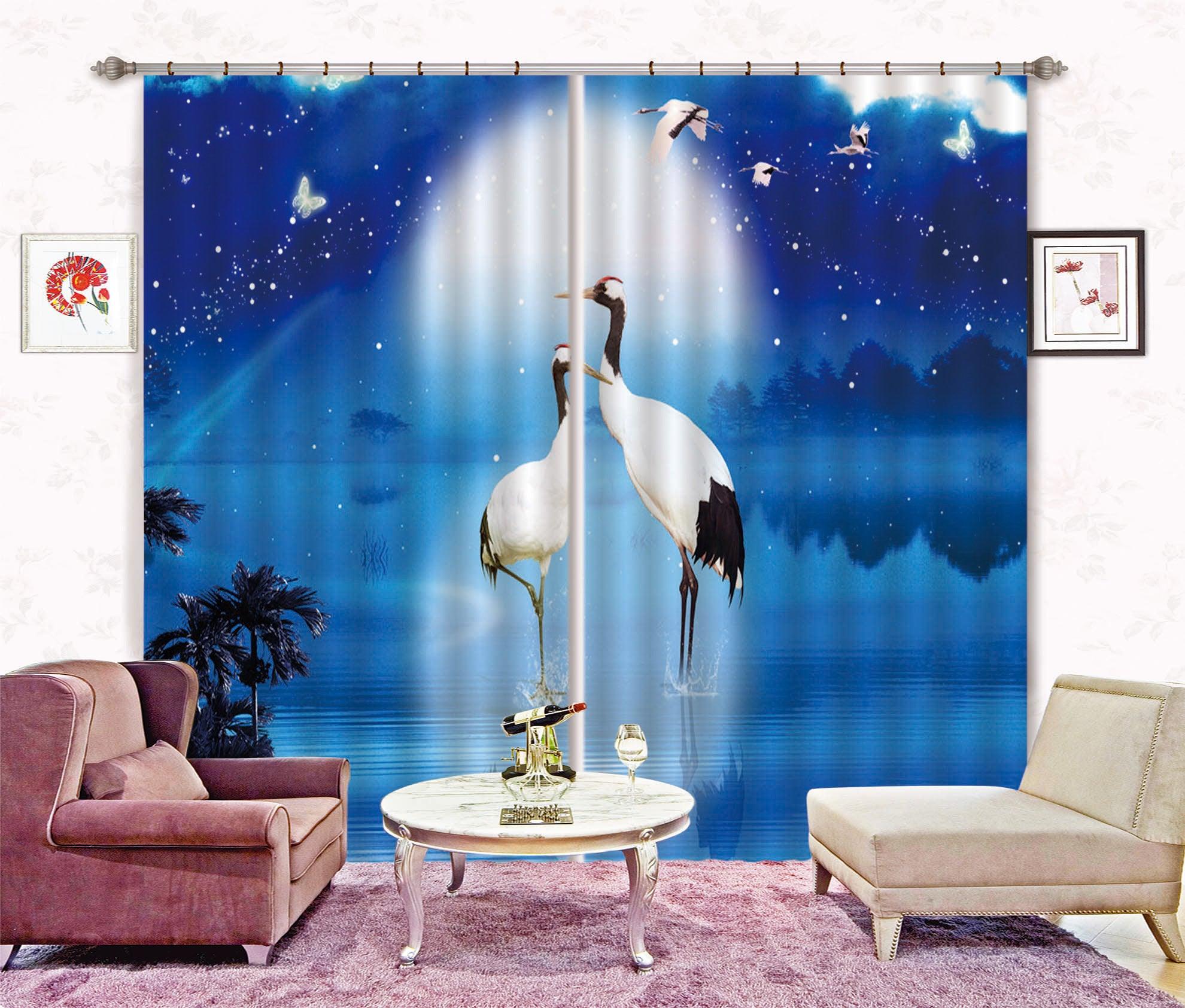 3D Blue Moon Crane Curtains and Drapes 63- Jess Art Decoration