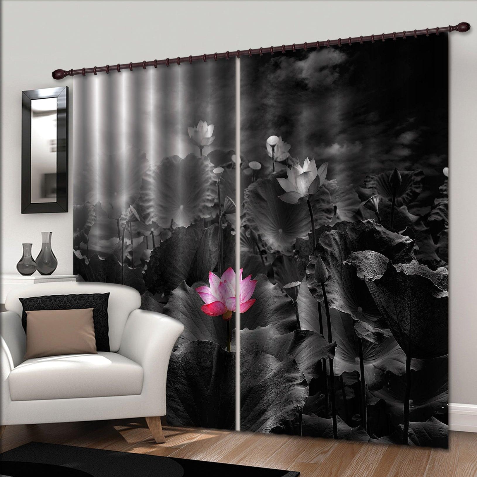 3D Pink Lotus Black Leaves Curtains and Drapes 21- Jess Art Decoration