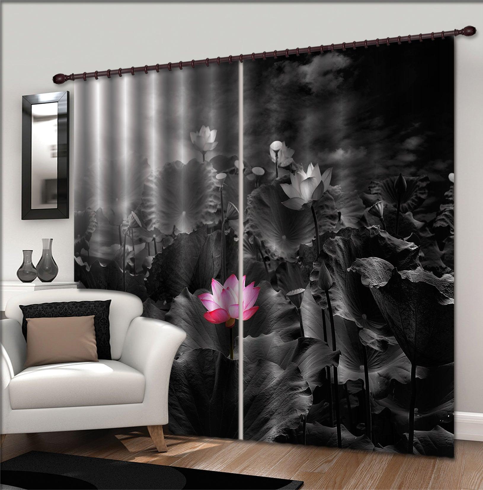 3D Pink Lotus Black Leaves Curtains and Drapes 21- Jess Art Decoration