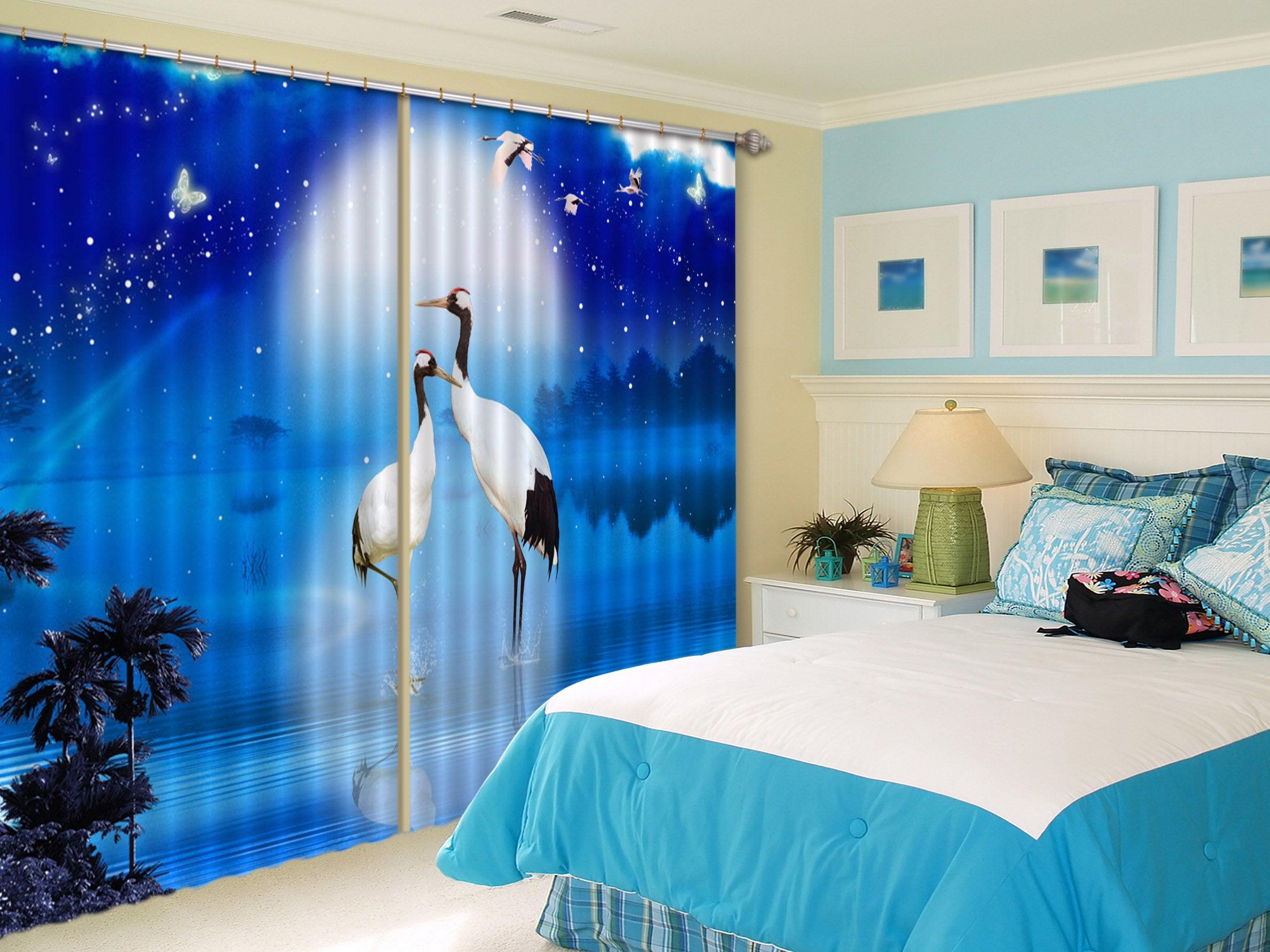 3D Blue Moon Crane Curtains and Drapes 63- Jess Art Decoration